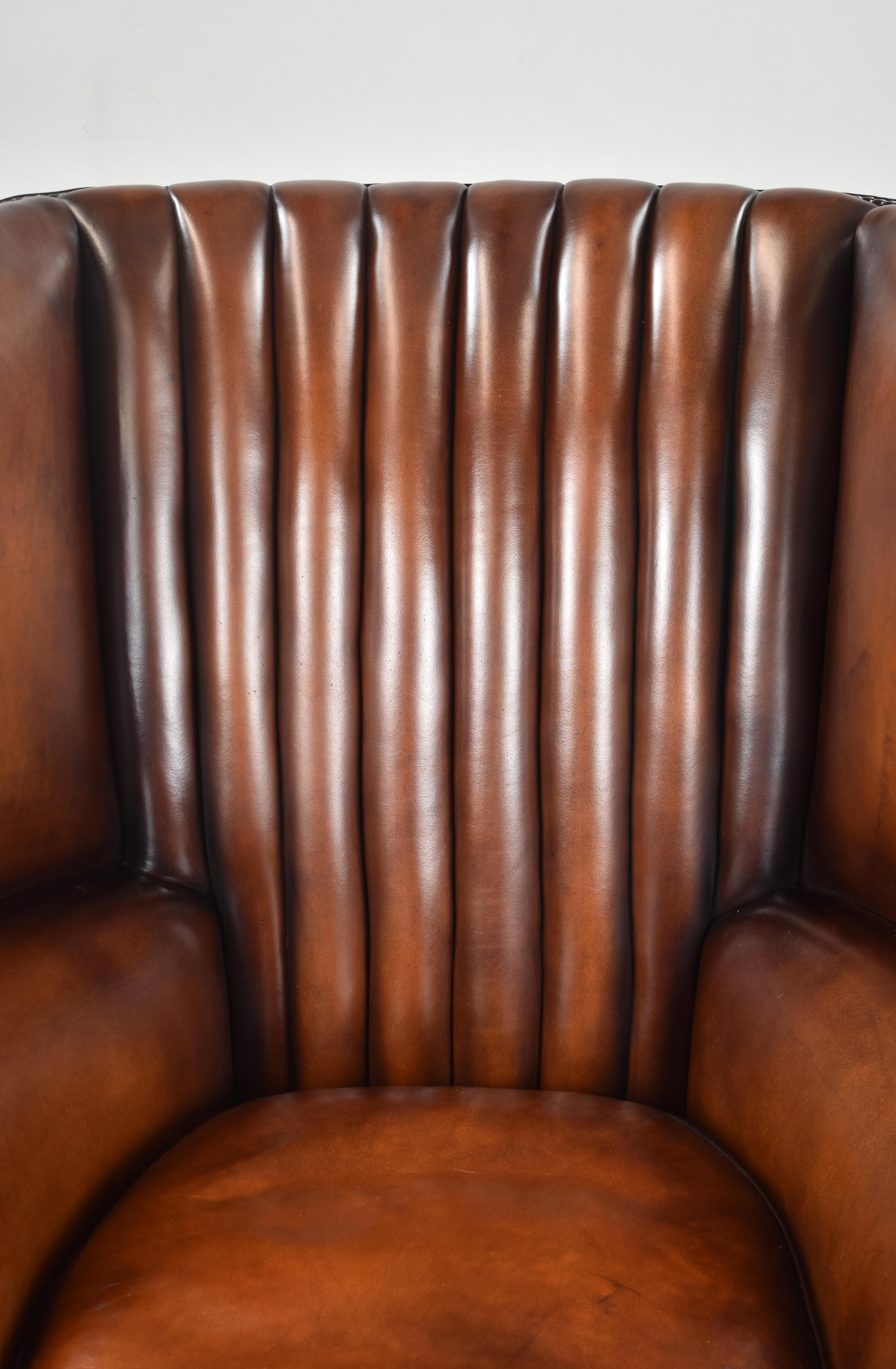 20th Century Antique English Mahogany and Hand Dyed Leather Barrel Back Wing Chair