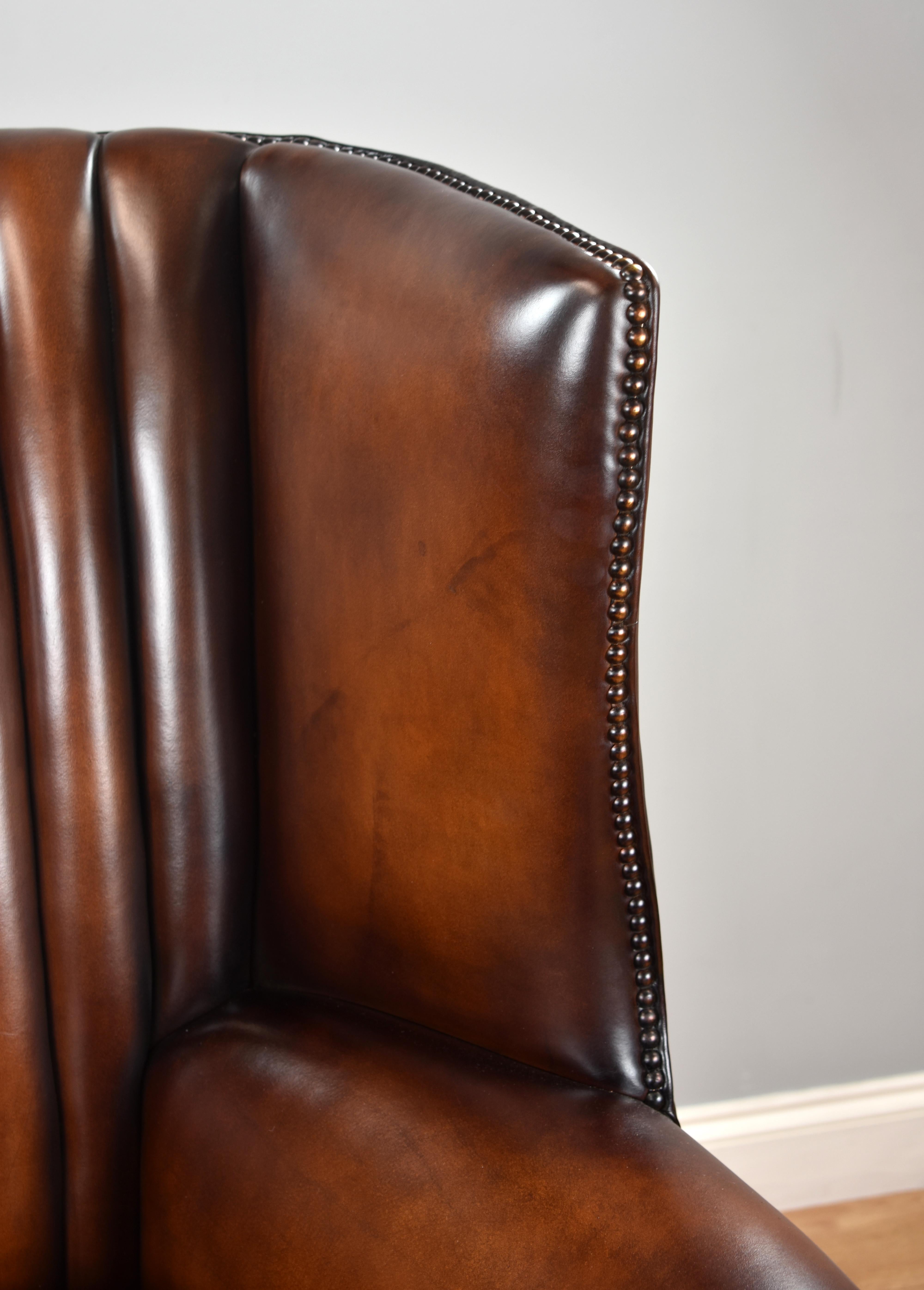 Antique English Mahogany and Hand Dyed Leather Barrel Back Wing Chair 1