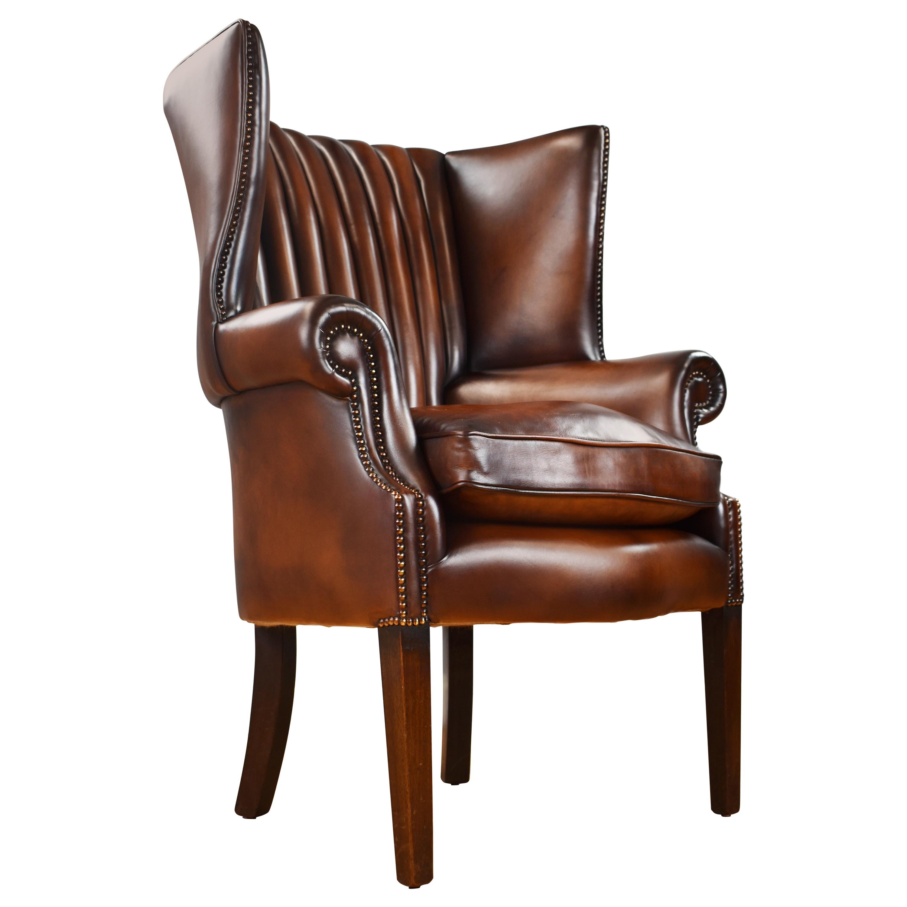 Antique English Mahogany and Hand Dyed Leather Barrel Back Wing Chair