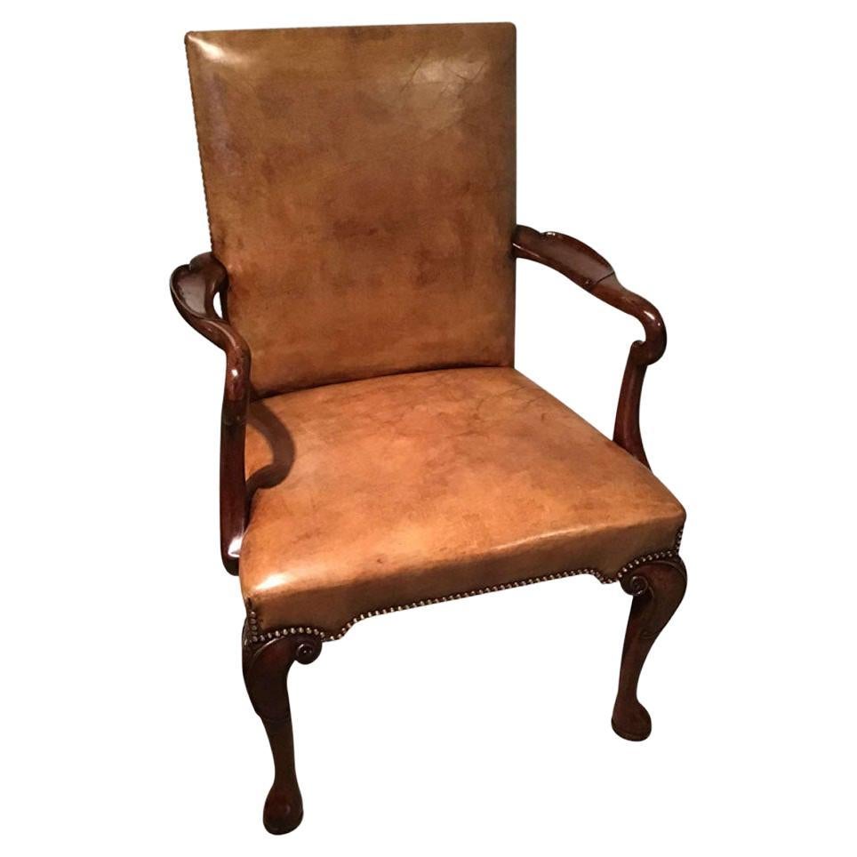 Antique English Mahogany and Leather Armchair For Sale