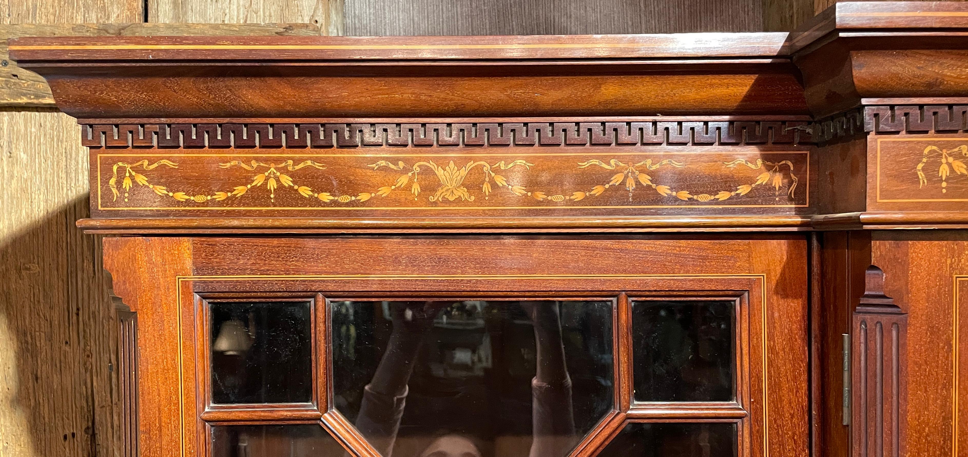 Inlay Antique English Mahogany and Satinwood Inlaid Breakfront Bookcase, Circa 1880 For Sale
