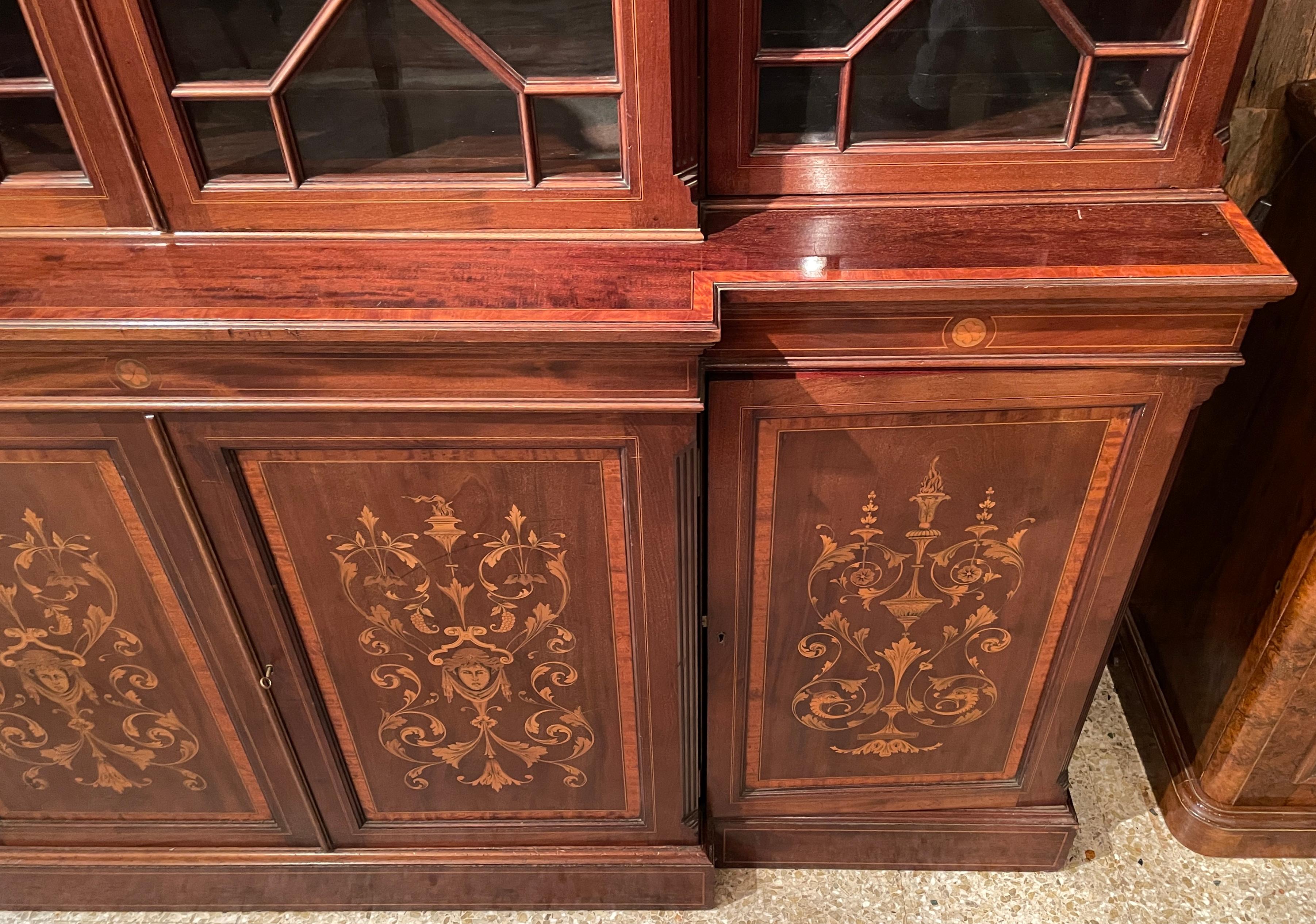 Antique English Mahogany and Satinwood Inlaid Breakfront Bookcase, Circa 1880 In Good Condition For Sale In New Orleans, LA