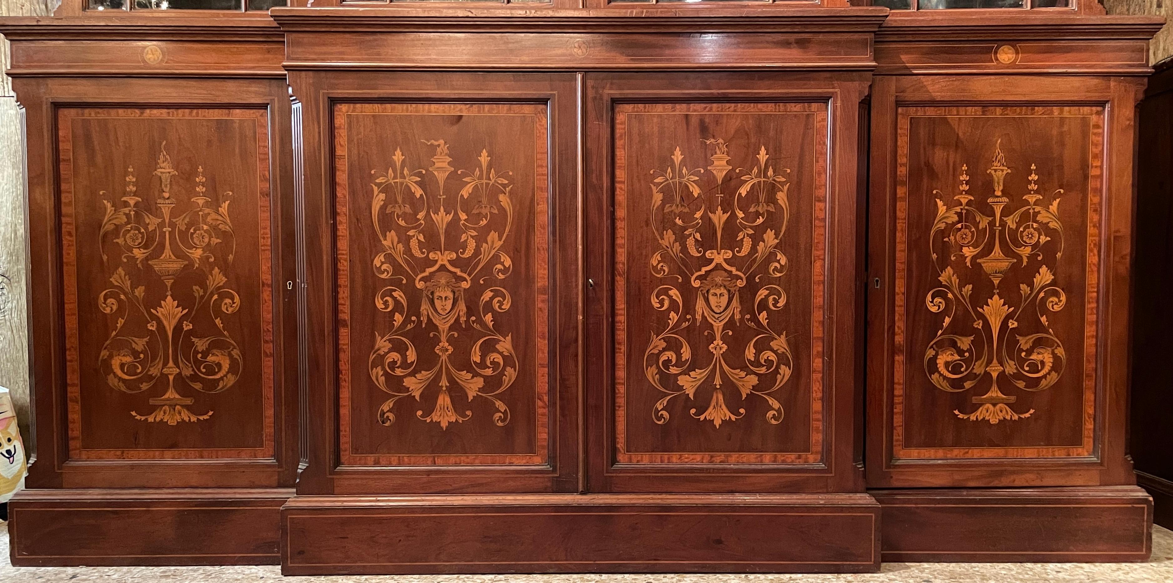 19th Century Antique English Mahogany and Satinwood Inlaid Breakfront Bookcase, Circa 1880 For Sale