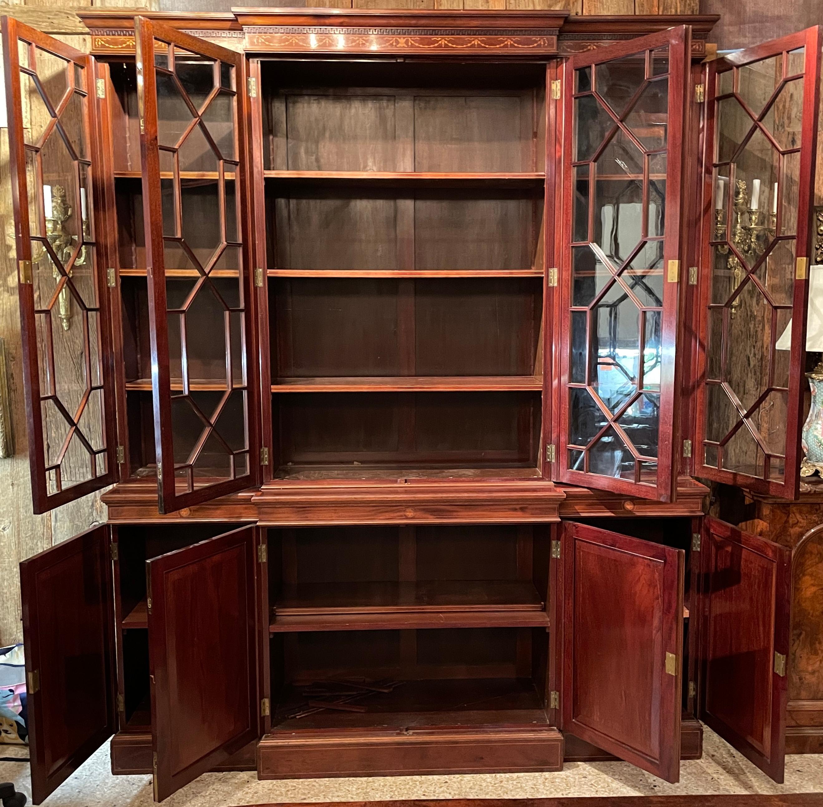 Antique English Mahogany and Satinwood Inlaid Breakfront Bookcase, Circa 1880 For Sale 3