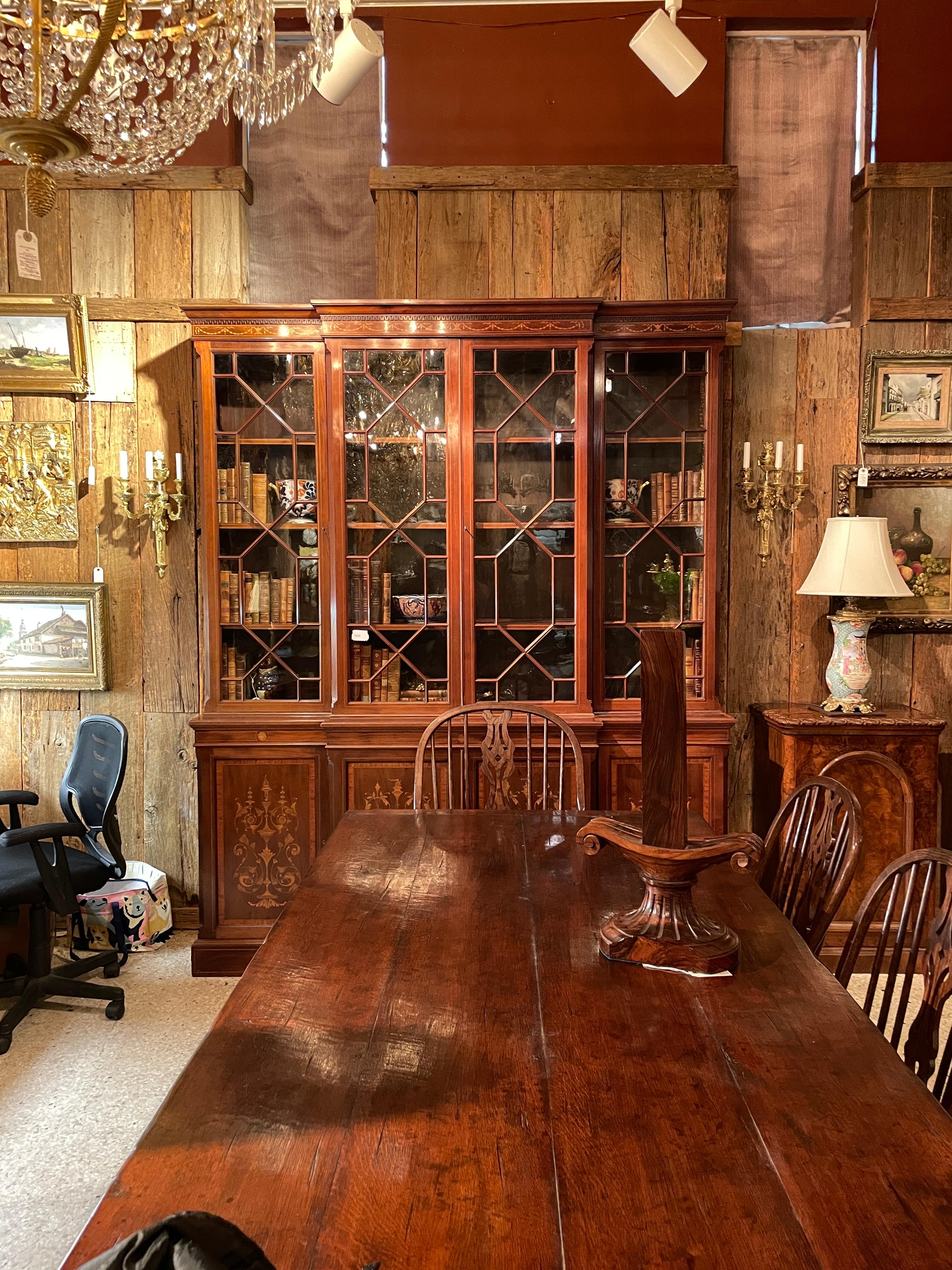 Antique English Mahogany and Satinwood Inlaid Breakfront Bookcase, Circa 1880 For Sale 4