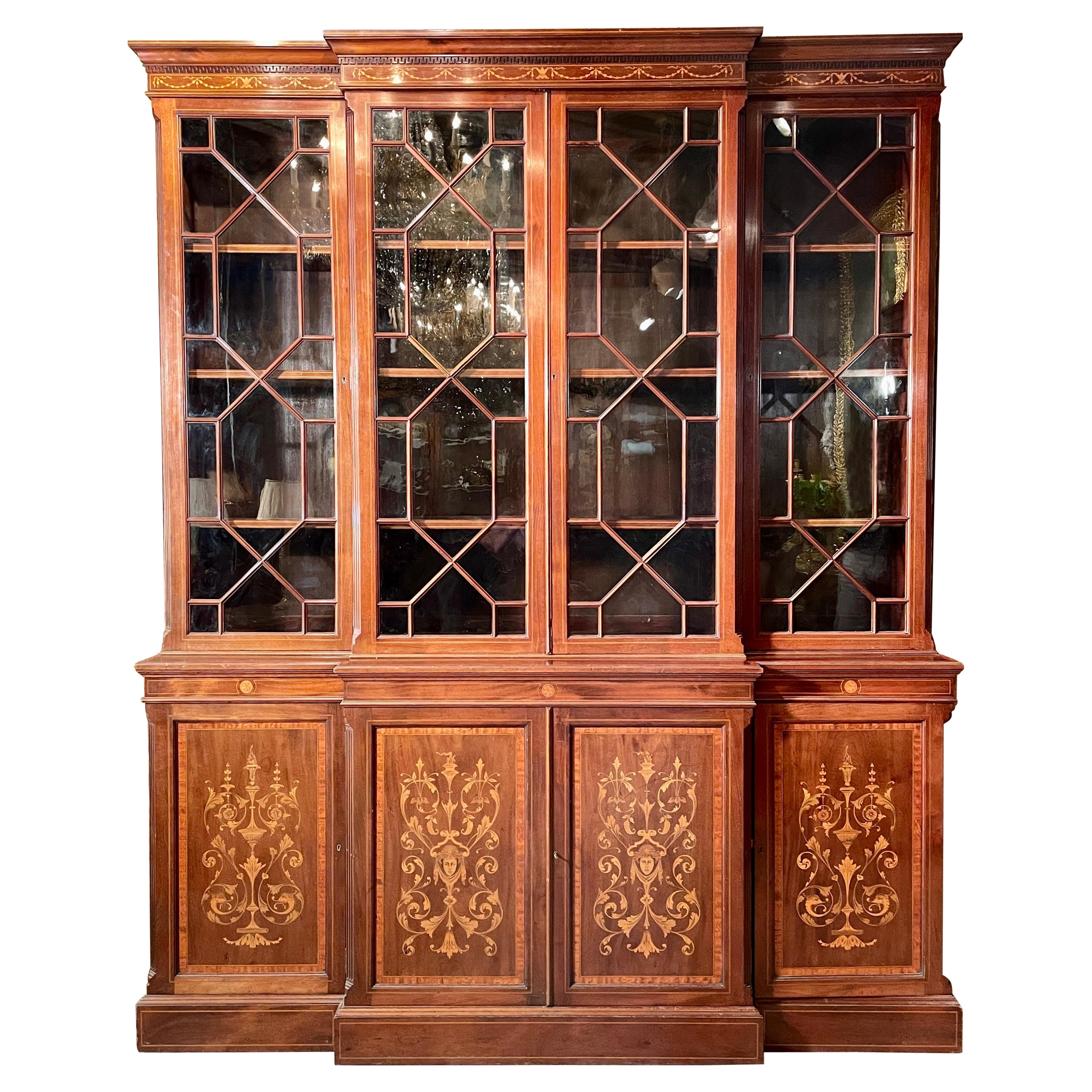 Antique English Mahogany and Satinwood Inlaid Breakfront Bookcase, Circa 1880