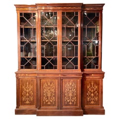 Antique English Mahogany and Satinwood Inlaid Breakfront Bookcase, Circa 1880