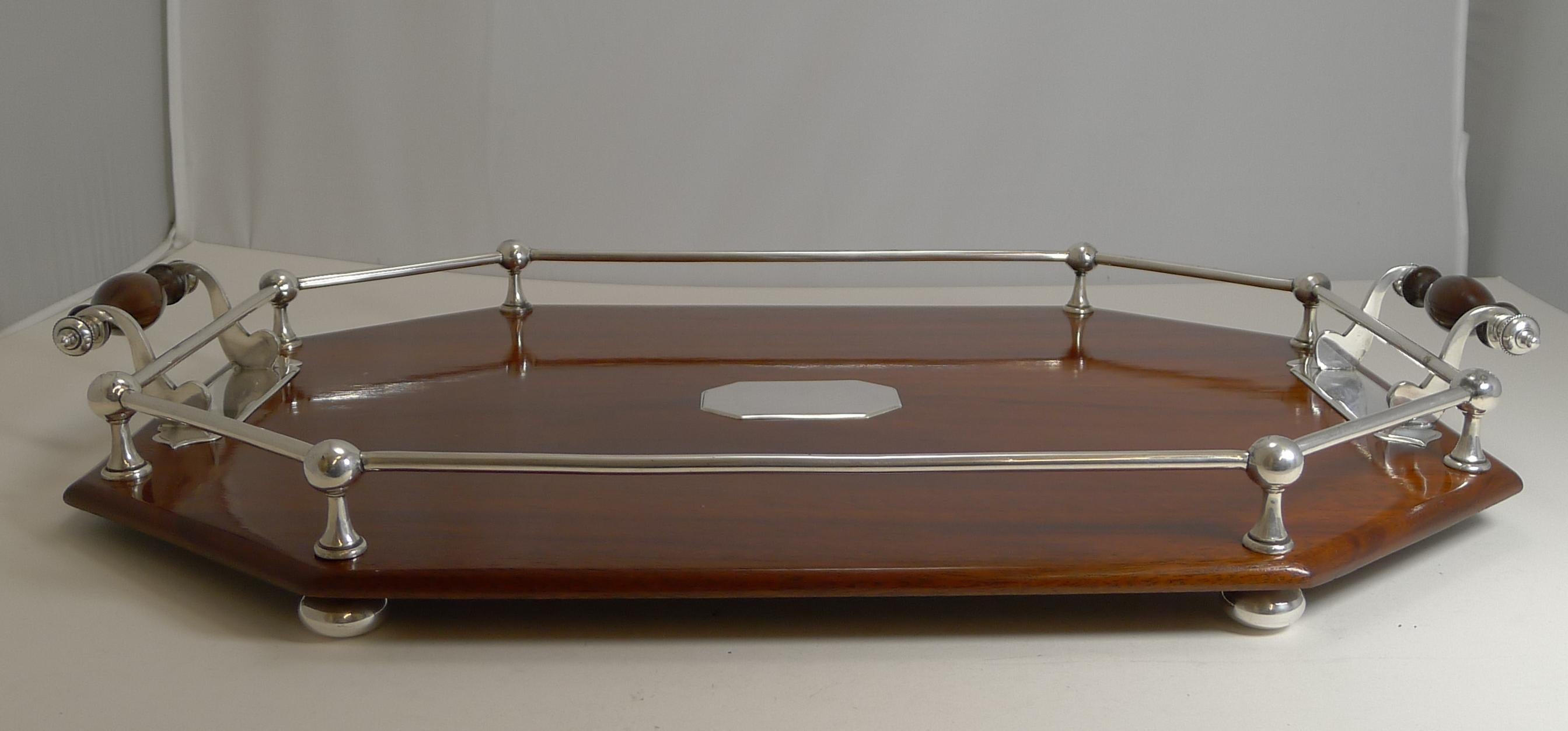 Edwardian Antique English Mahogany and Silver Plate Drinks / Cocktail Tray, circa 1900