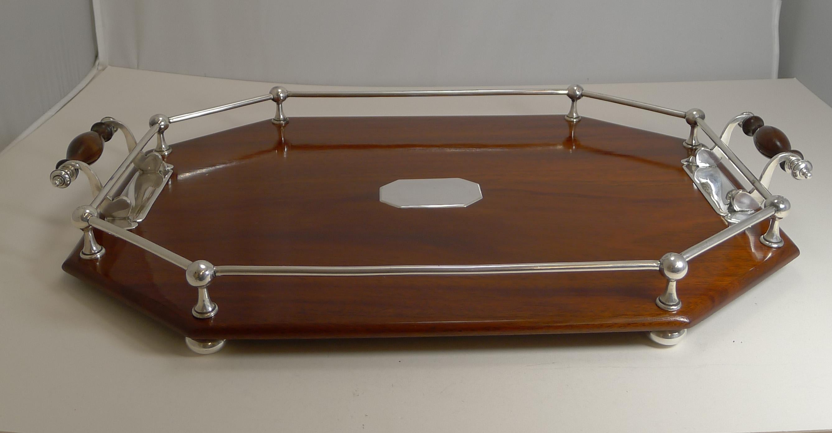 Antique English Mahogany and Silver Plate Drinks / Cocktail Tray, circa 1900 In Good Condition In Bath, GB