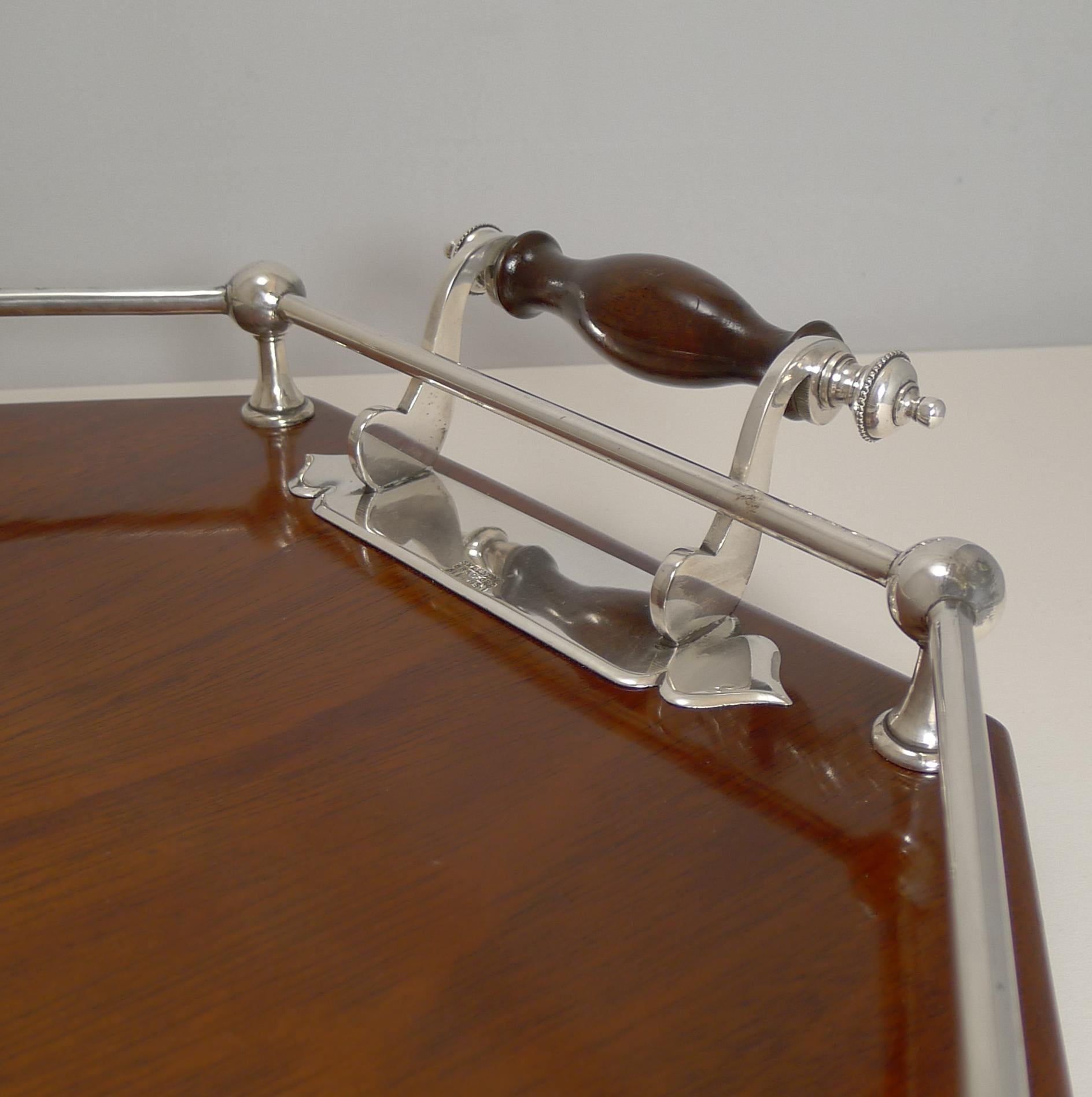 Early 20th Century Antique English Mahogany and Silver Plate Drinks / Cocktail Tray, circa 1900