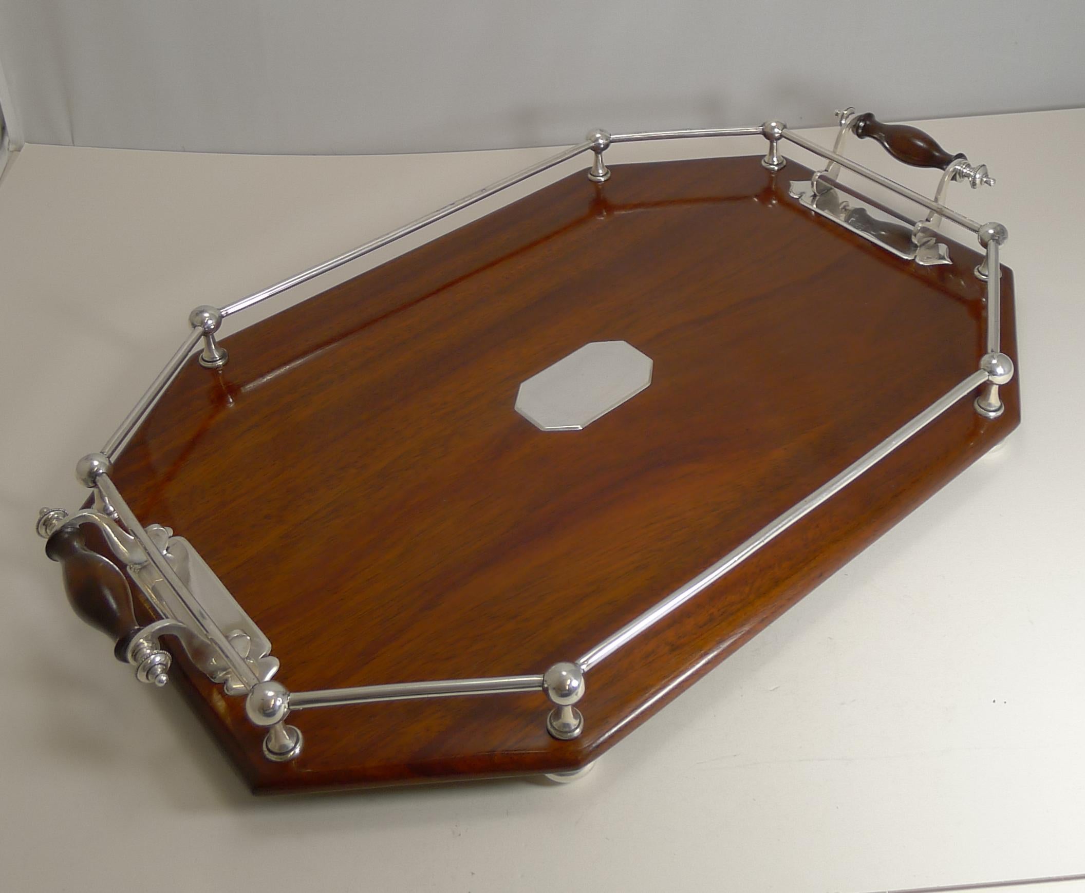 Antique English Mahogany and Silver Plate Drinks / Cocktail Tray, circa 1900 1