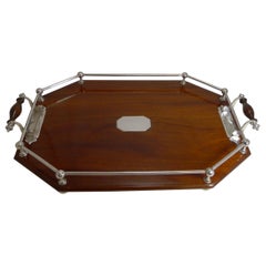 Antique English Mahogany and Silver Plate Drinks / Cocktail Tray, circa 1900