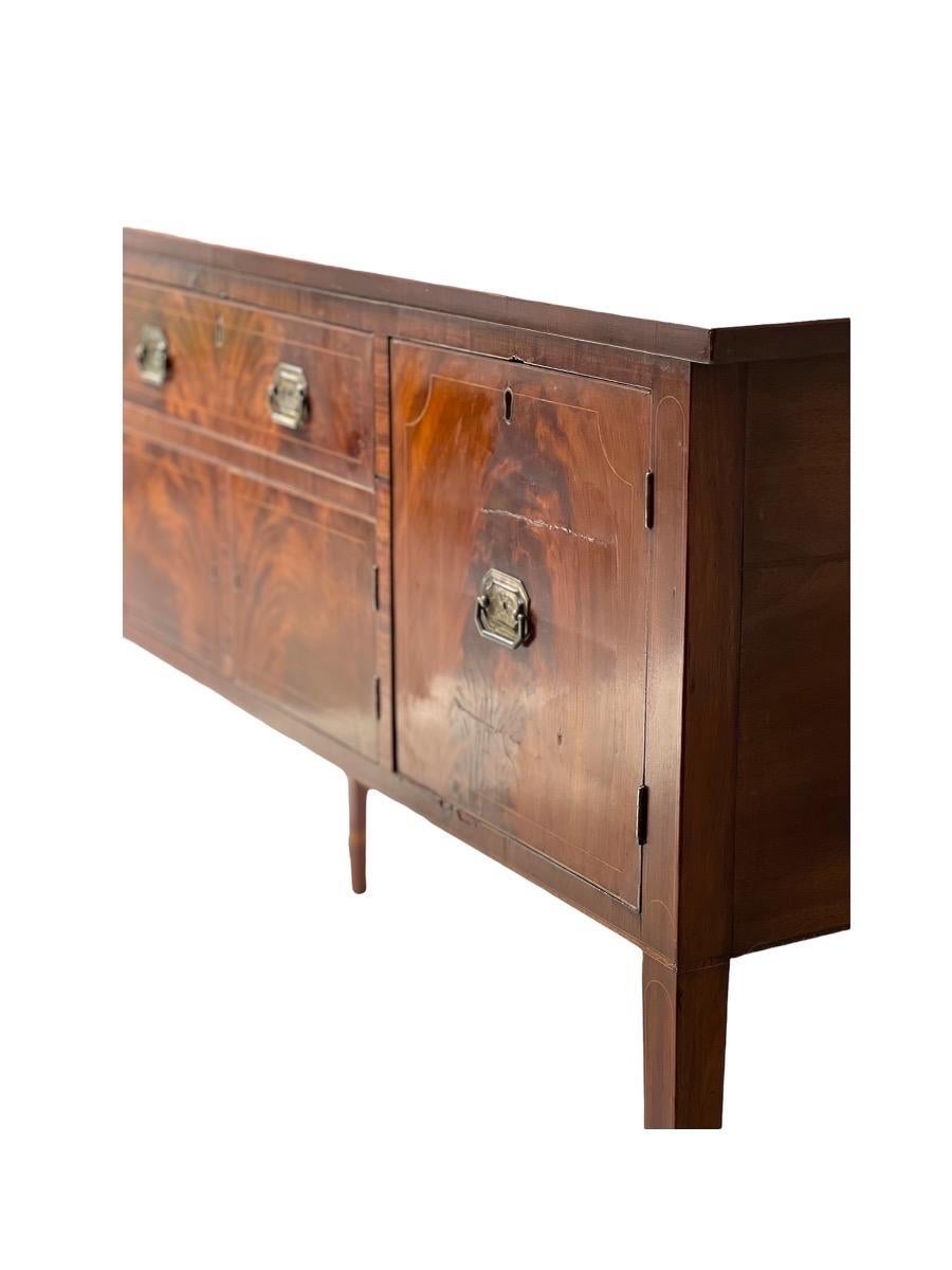 Antique English Mahogany and Walnut Buffet Or Side Table With Burl Accent 
Dimensions. 60 W ; 38 H ; 21 1/2 D
Inside: Right and Left Compartment 14 W ; 14 H 18 D
              Middle Compartment. 22 1/3 W ; 8 H ; 18 D