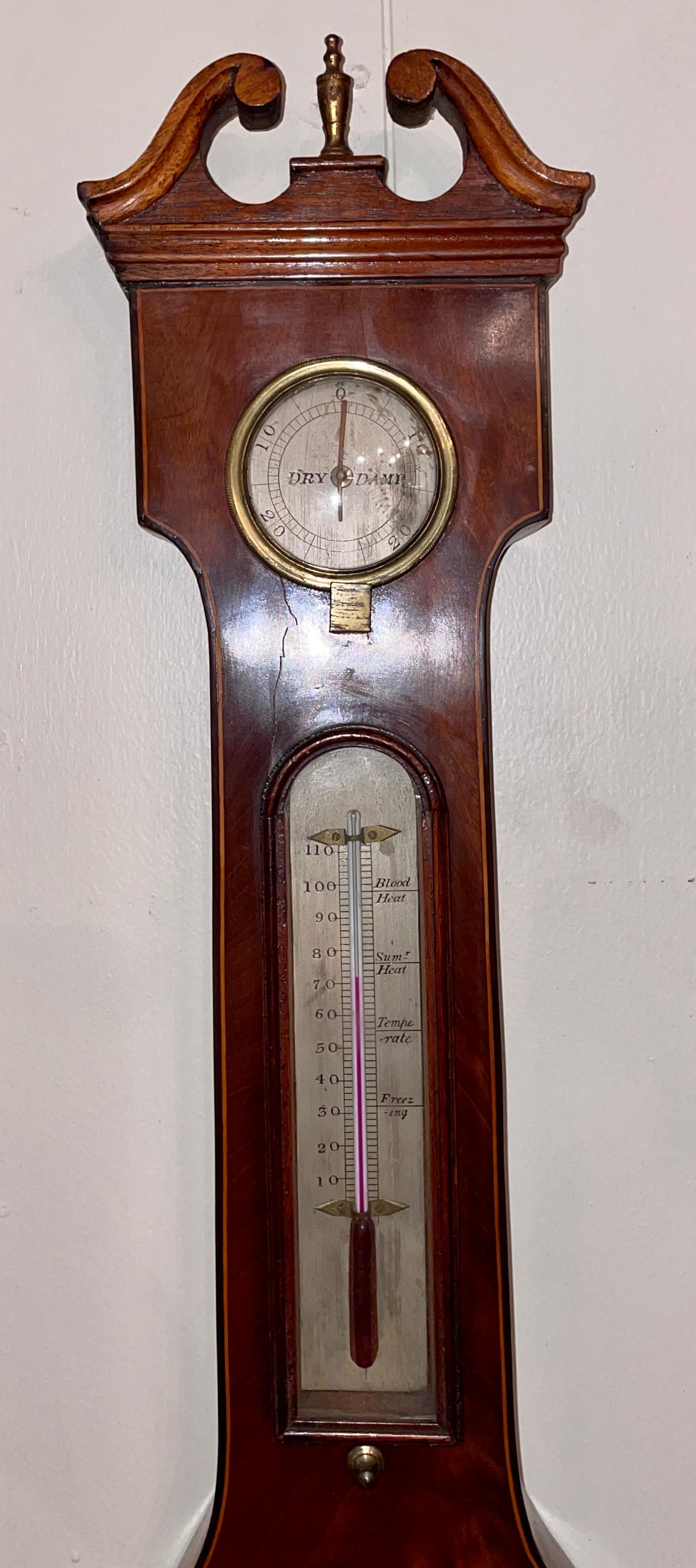 Antique English mahogany banjo barometer, circa 1860.
