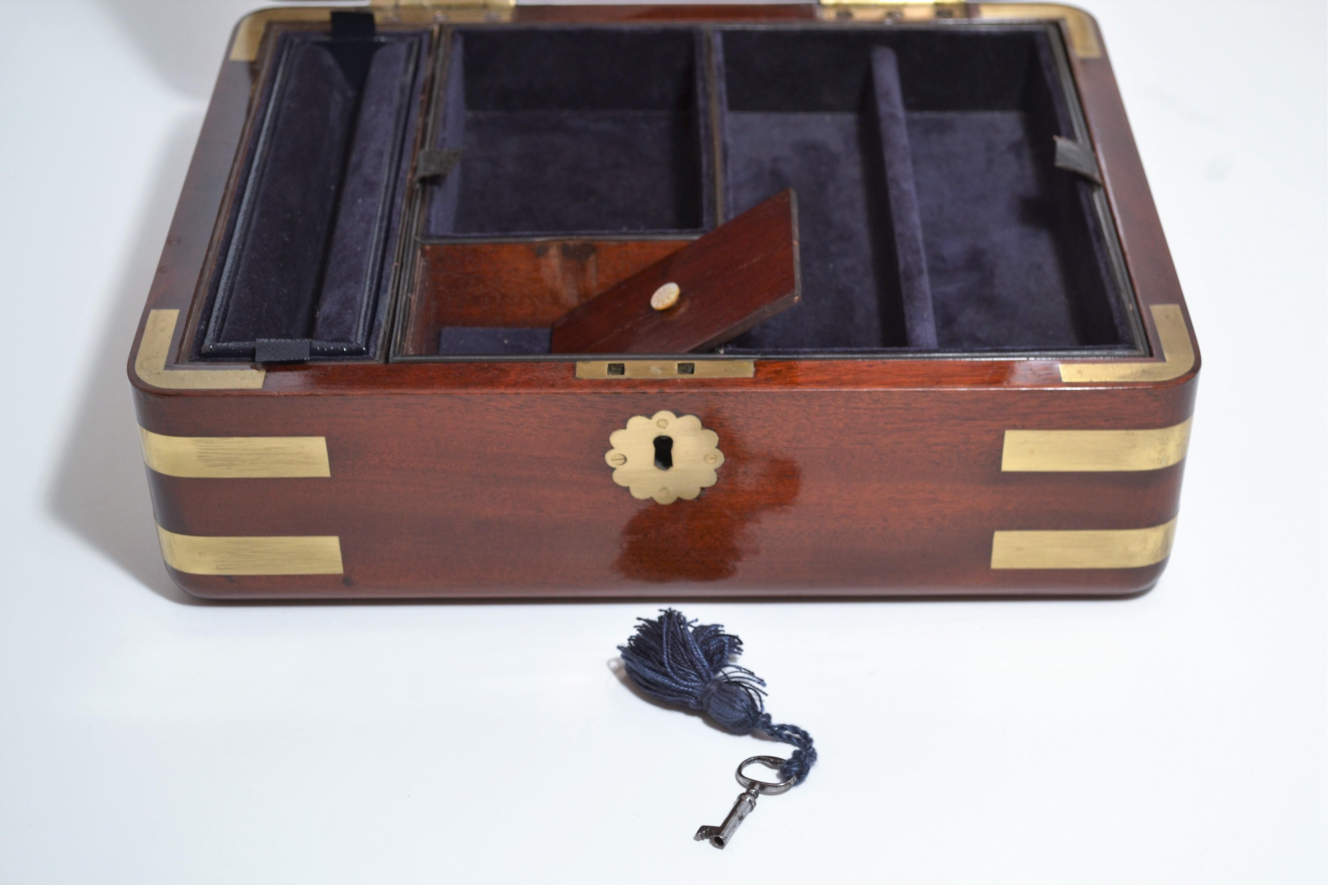 19th Century Antique English Mahogany Brass Mounted Fitted Jewel Box For Sale