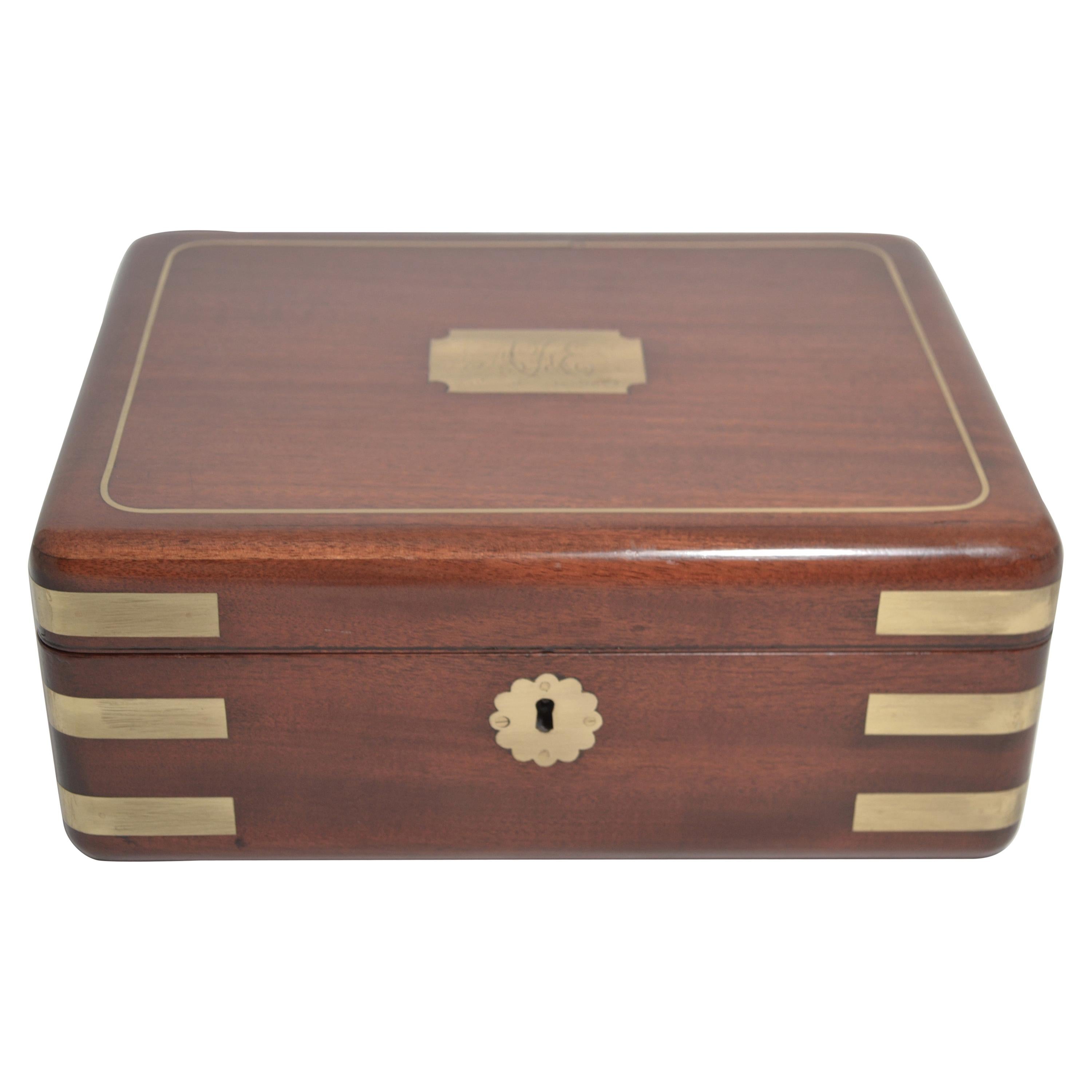 Antique English Mahogany Brass Mounted Fitted Jewel Box For Sale