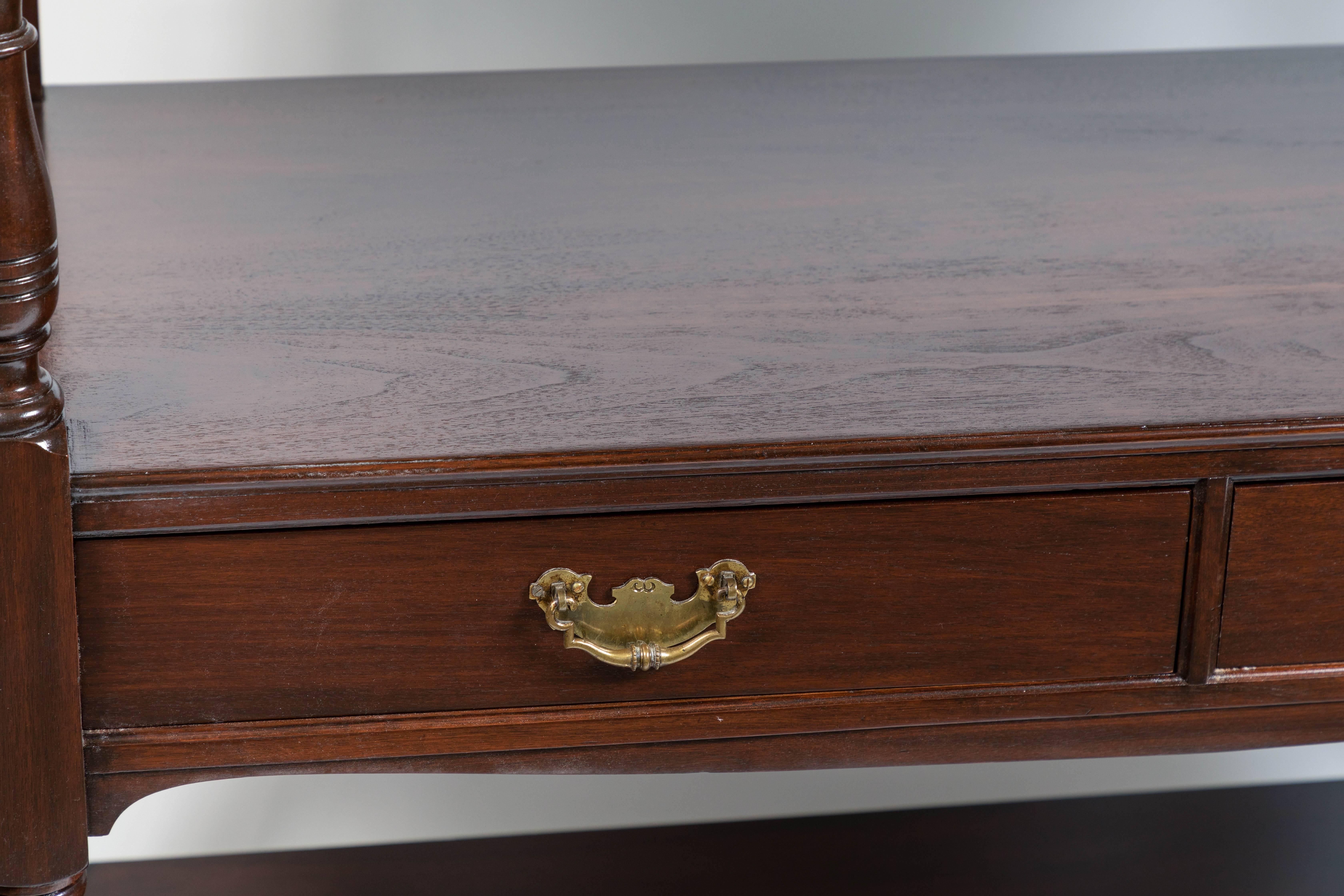 Antique English mahogany butlers cart on casters with two drawers, newly refinished with new Carrara marble top.