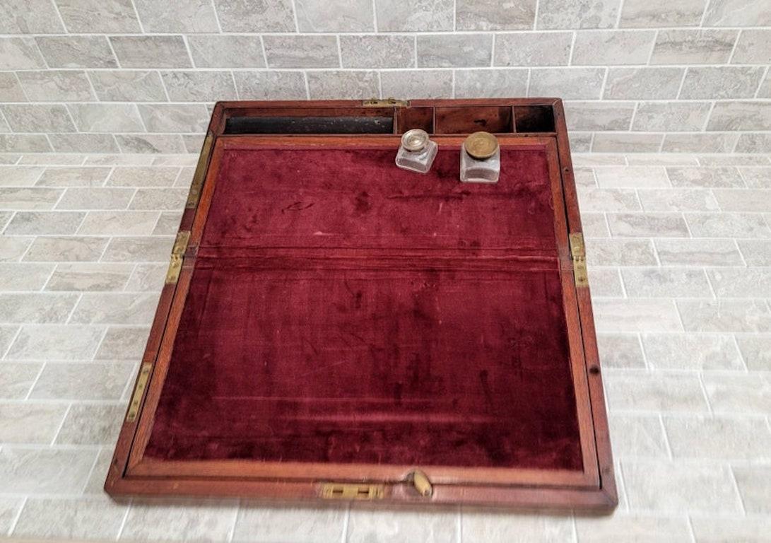 Antique English Mahogany Campaign Style Lap Desk Writing Box  In Good Condition For Sale In Forney, TX