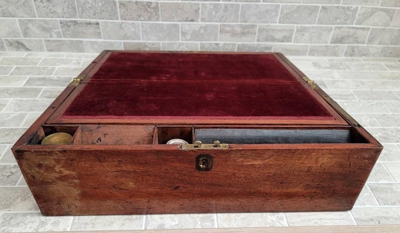 19th Century Antique English Mahogany Campaign Style Lap Desk Writing Box  For Sale