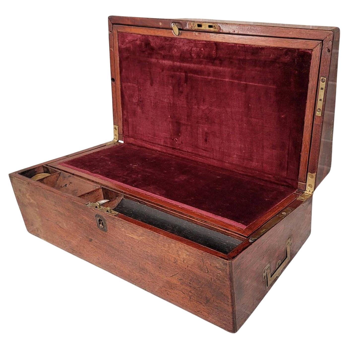 Antique English Mahogany Campaign Style Lap Desk Writing Box  For Sale