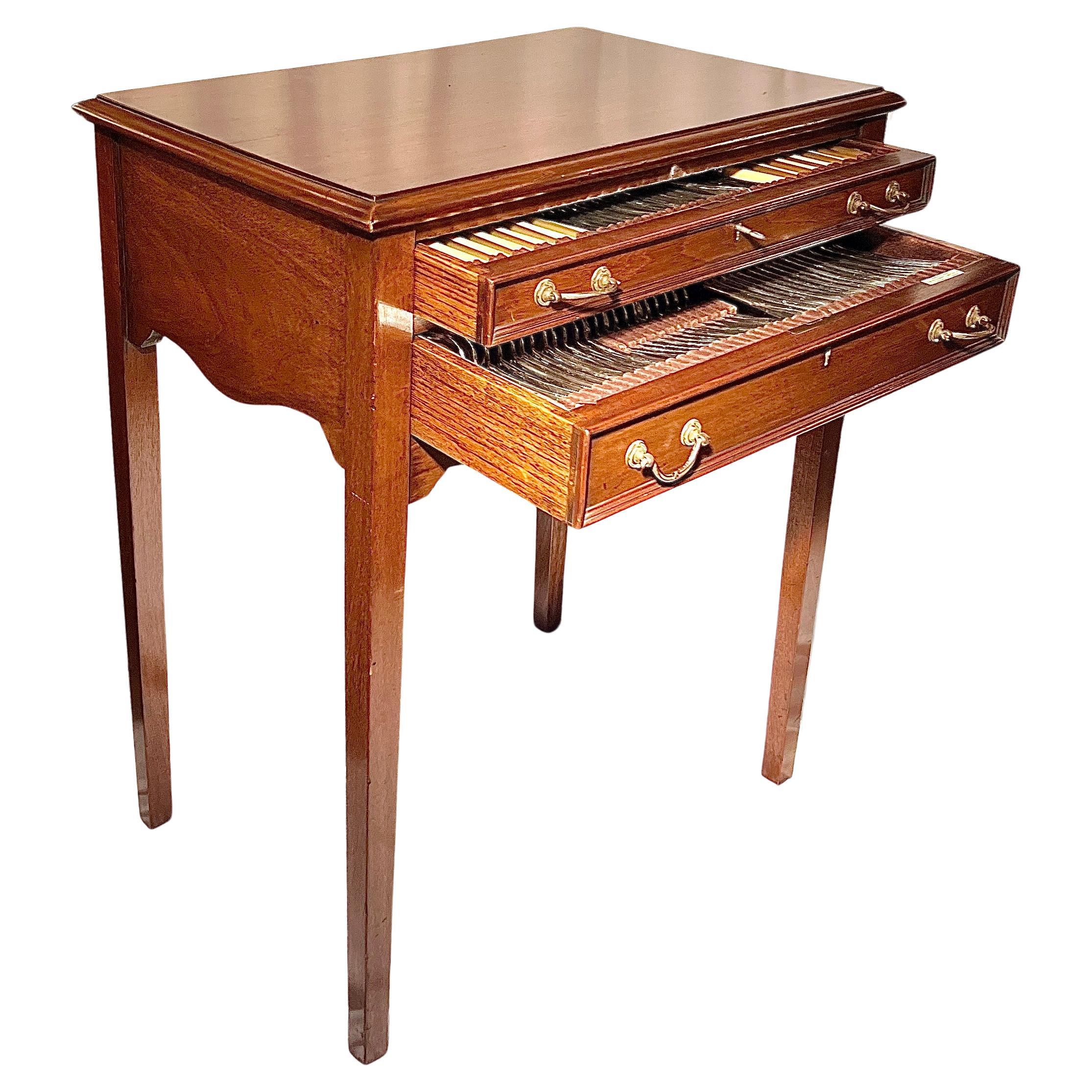 Antique English Mahogany Canteen Chest on Legs with Flatware, Set Circa 1910.