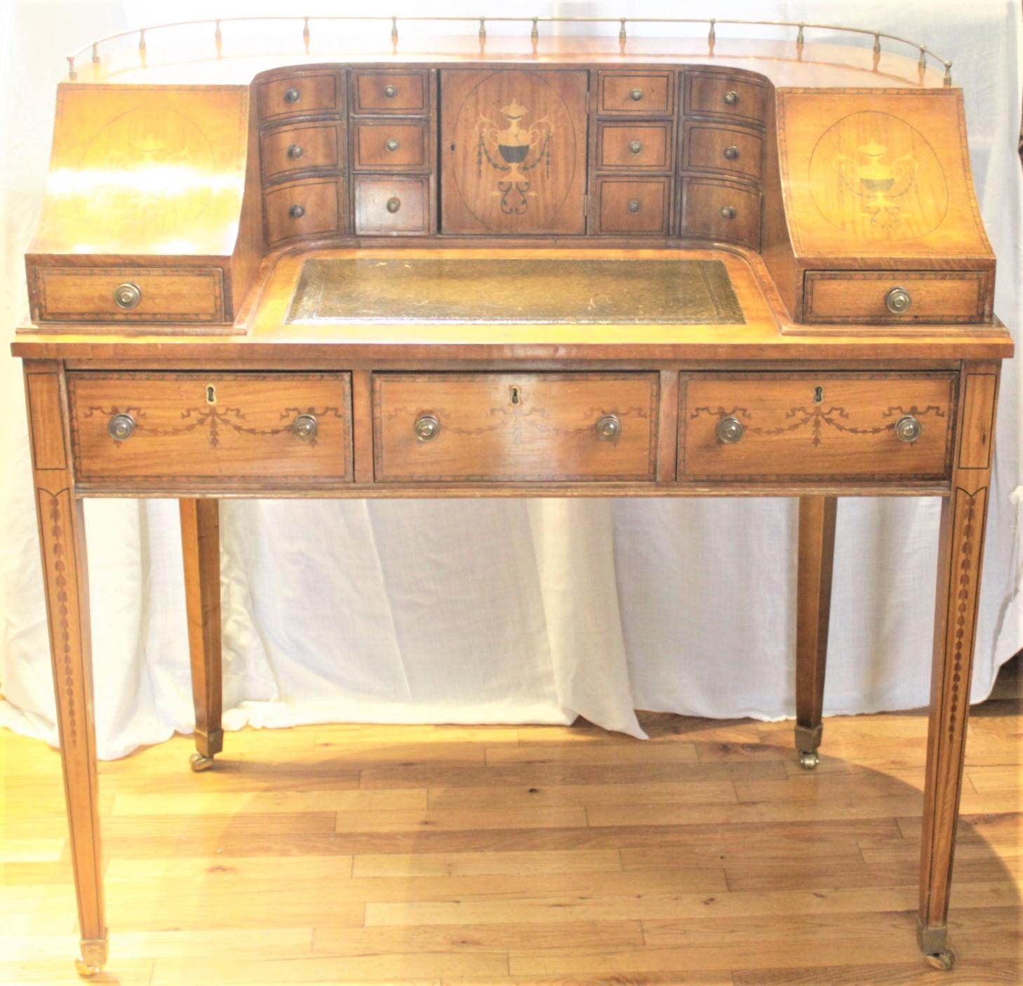 Antique English Carlton House Desk with Marquetry & Brass Accents For Sale 11