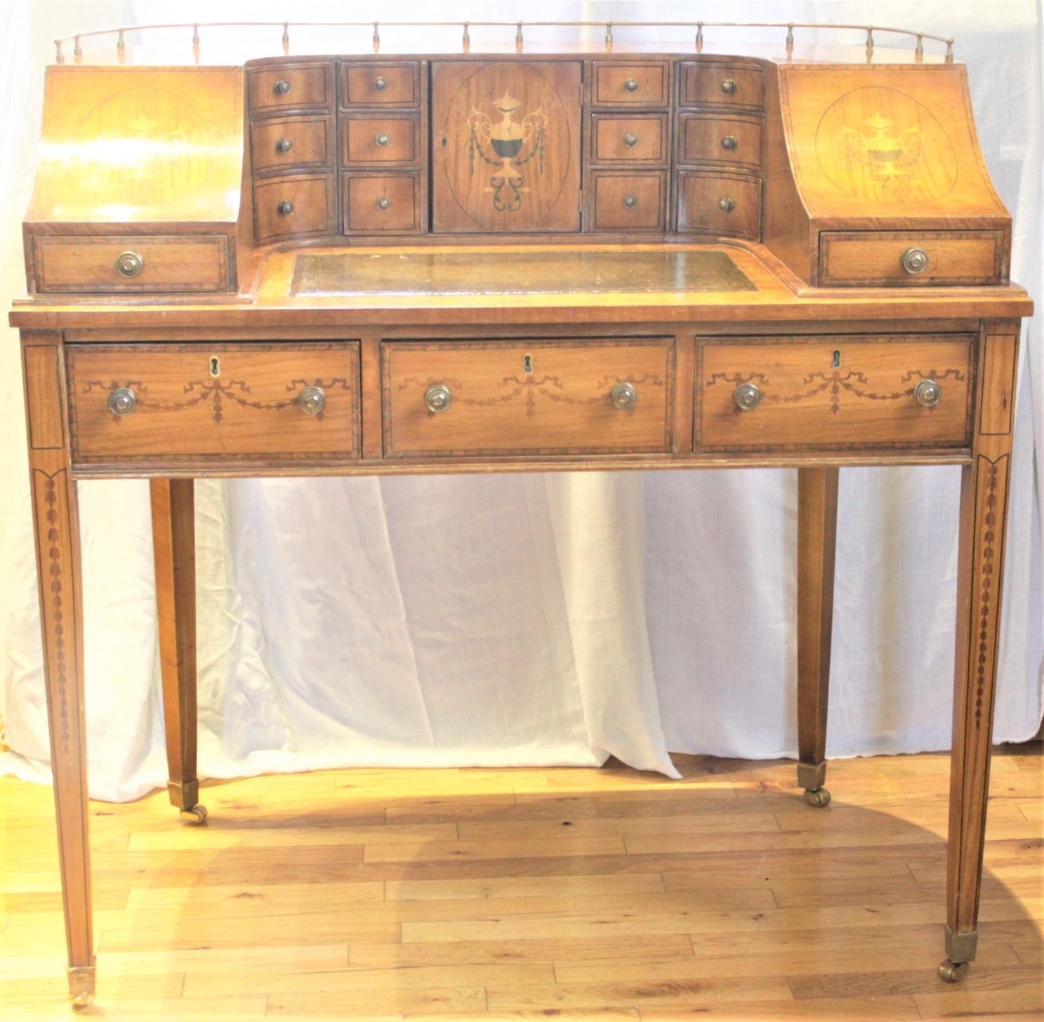 Georgian Antique English Carlton House Desk with Marquetry & Brass Accents For Sale