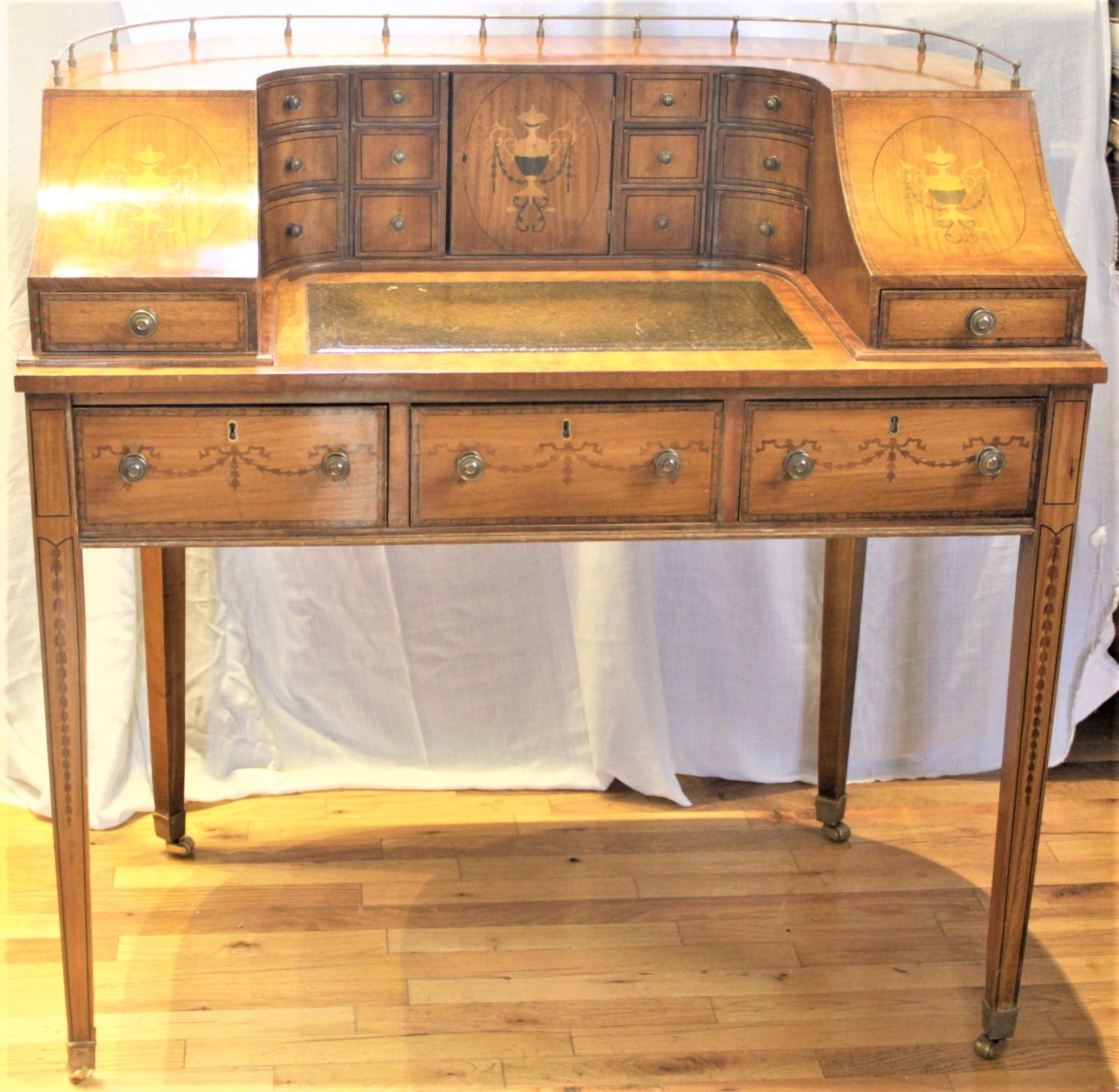 Hand-Crafted Antique English Carlton House Desk with Marquetry & Brass Accents For Sale