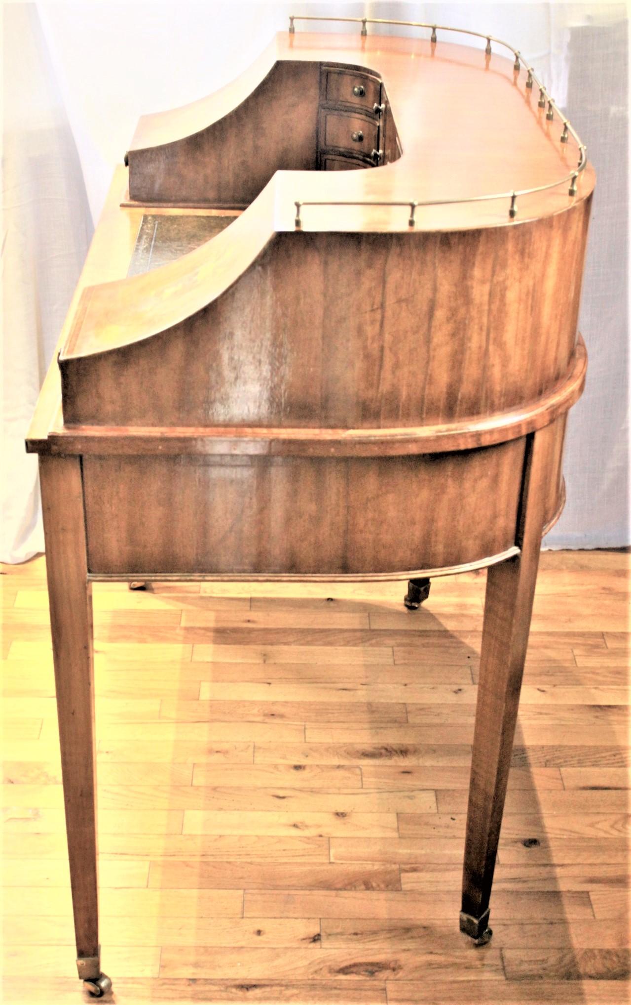 20th Century Antique English Carlton House Desk with Marquetry & Brass Accents For Sale