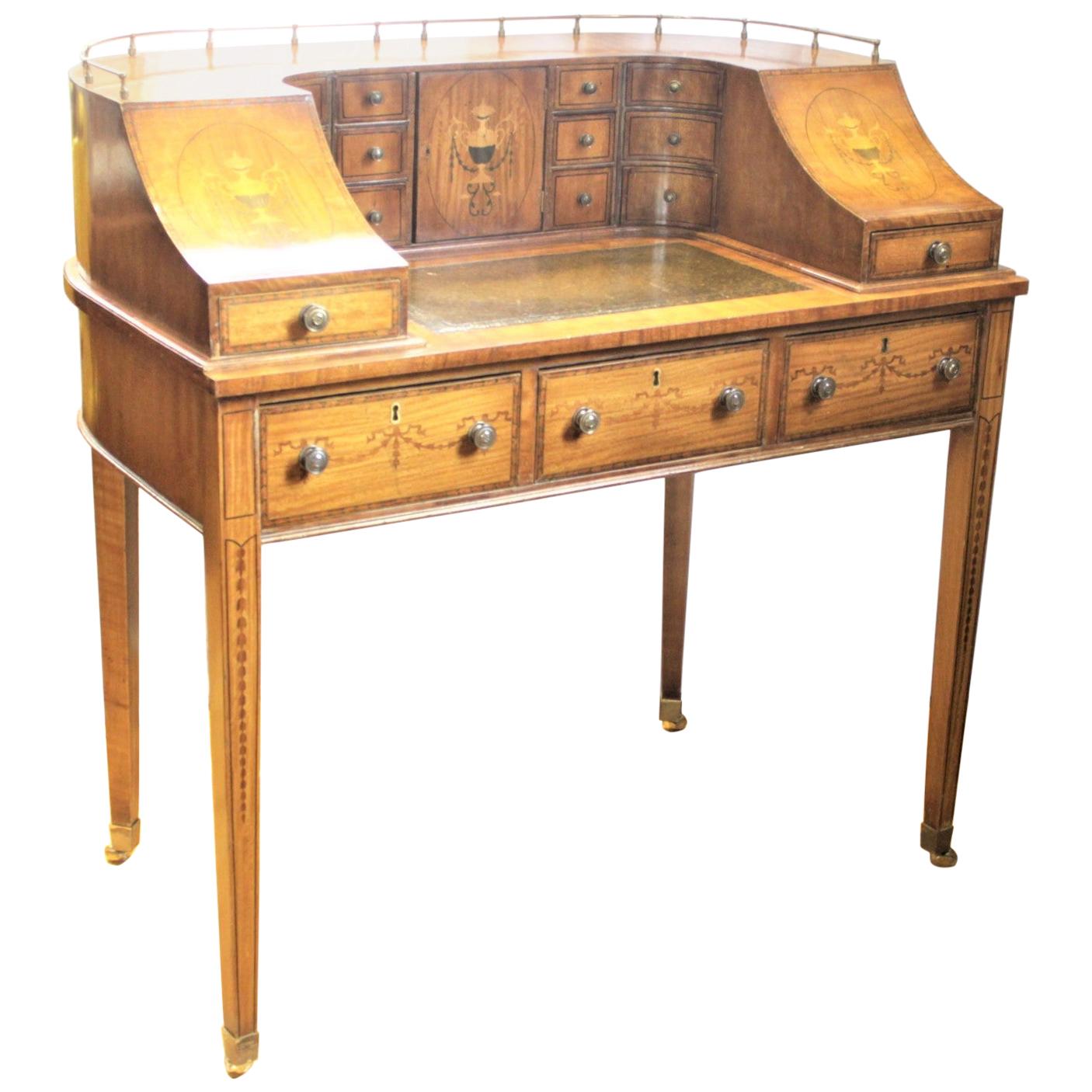 Antique English Carlton House Desk with Marquetry & Brass Accents
