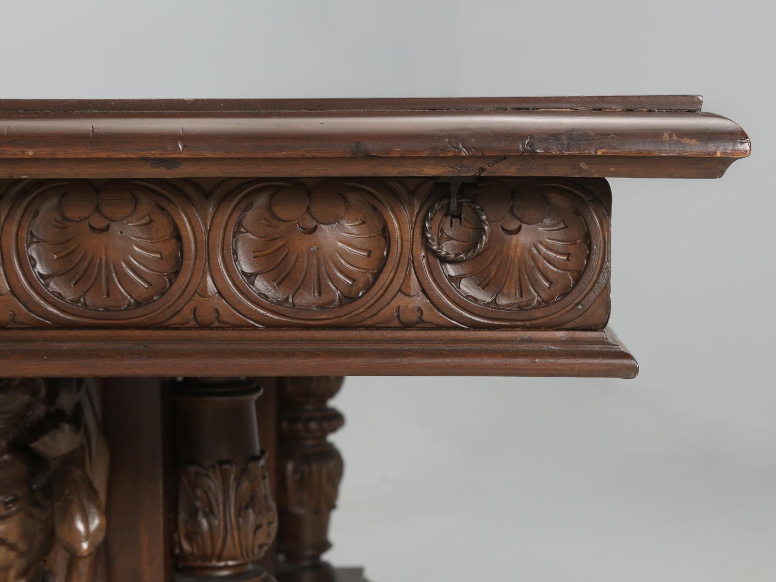 Iron Antique English Mahogany Carved Library Table with Lopers for Expanding Surface For Sale