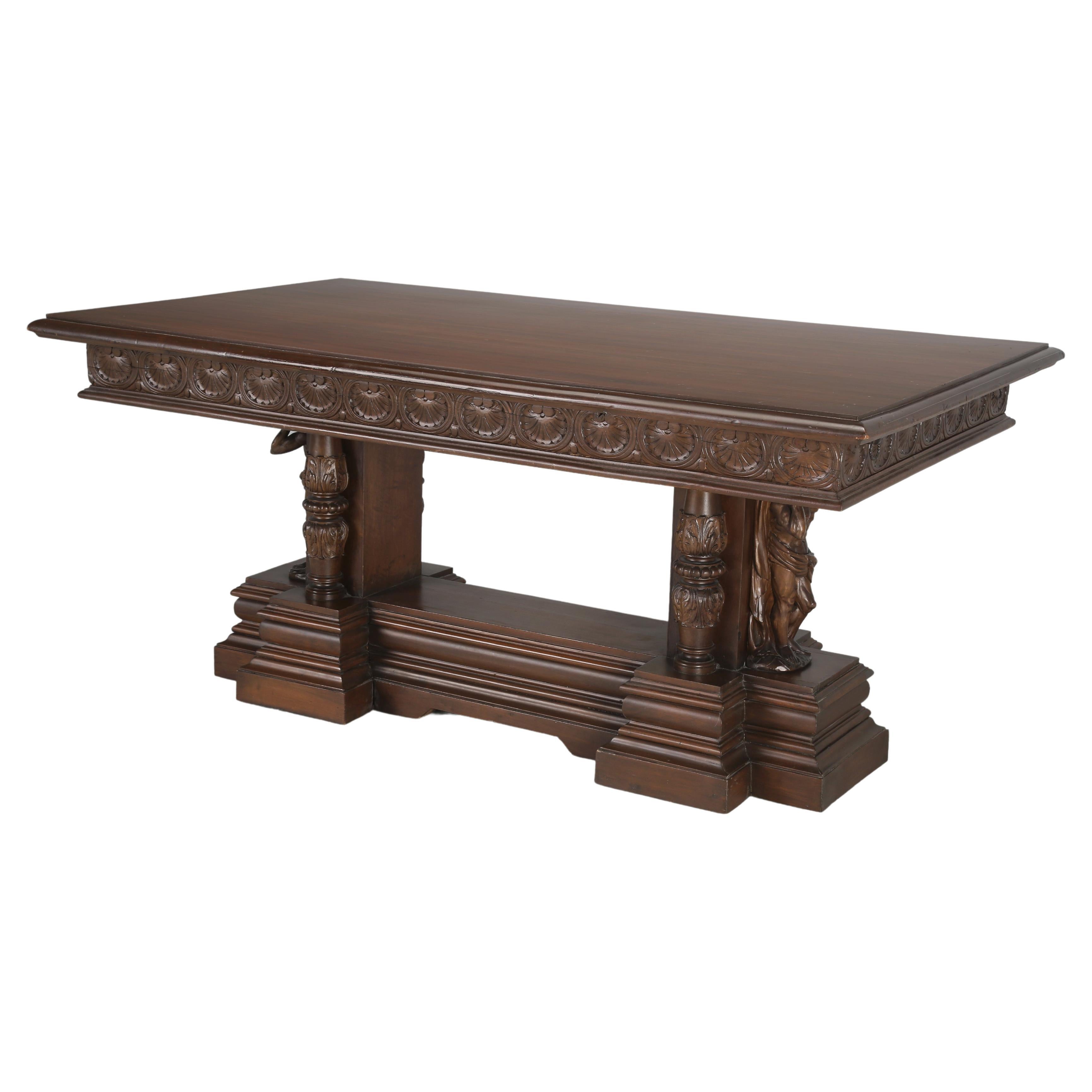 Antique English Mahogany Carved Library Table with Lopers for Expanding Surface