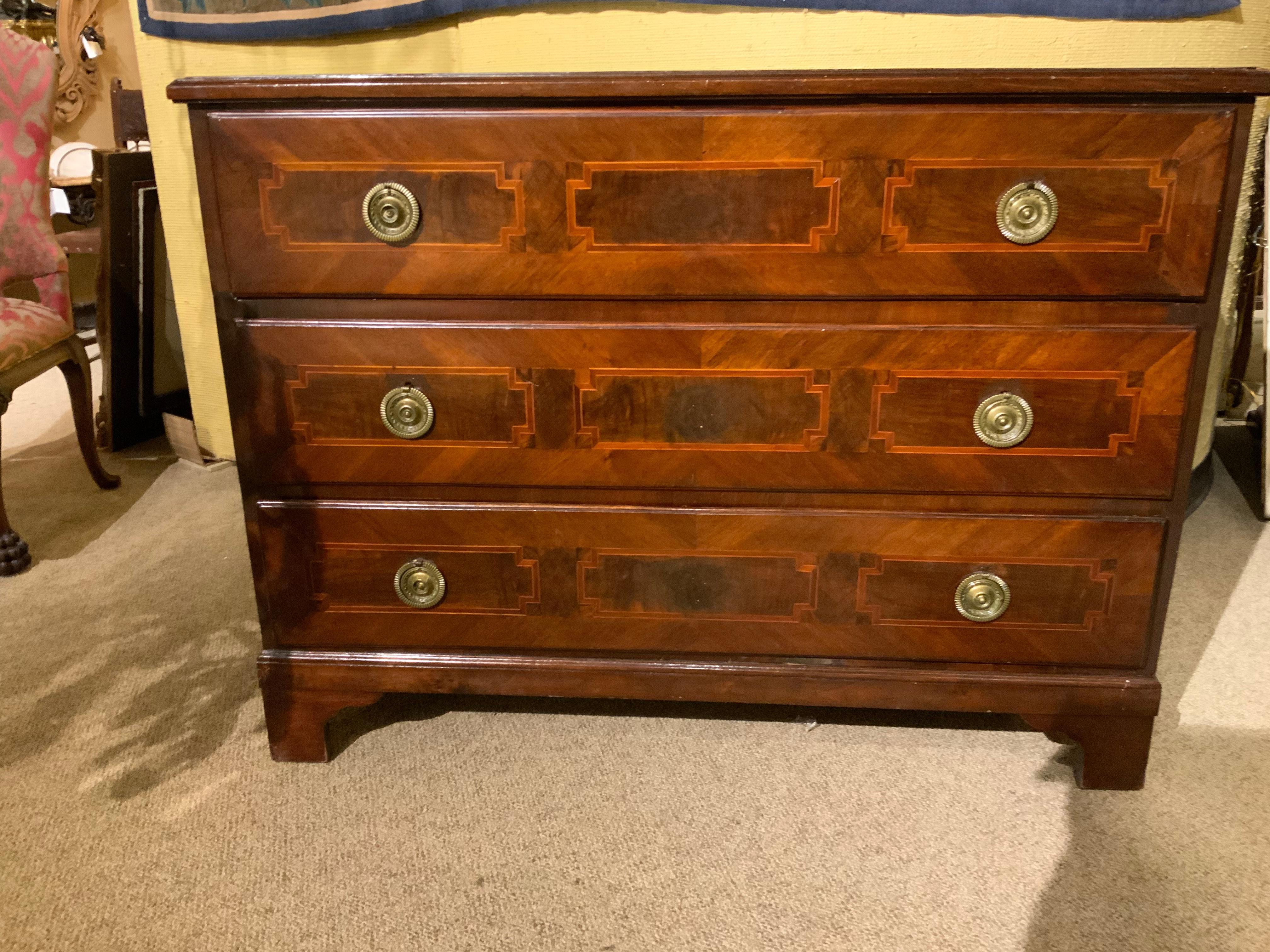 British Antique English Mahogany Chest / Three Drawers with Banding of Exotic Woods For Sale