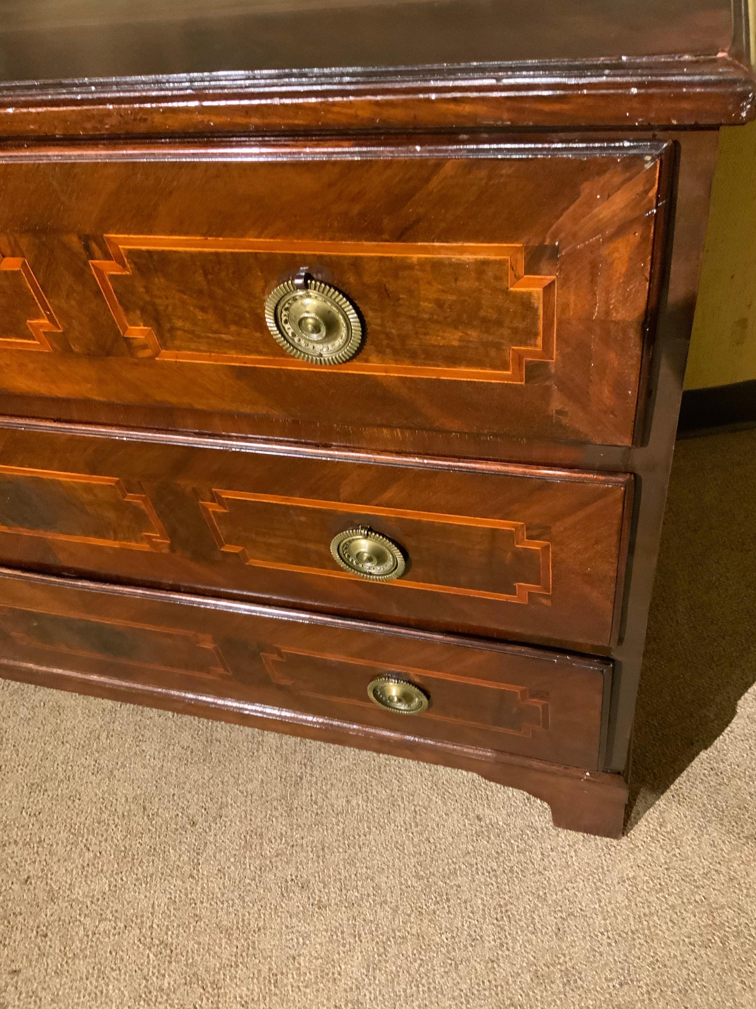 19th Century Antique English Mahogany Chest / Three Drawers with Banding of Exotic Woods For Sale