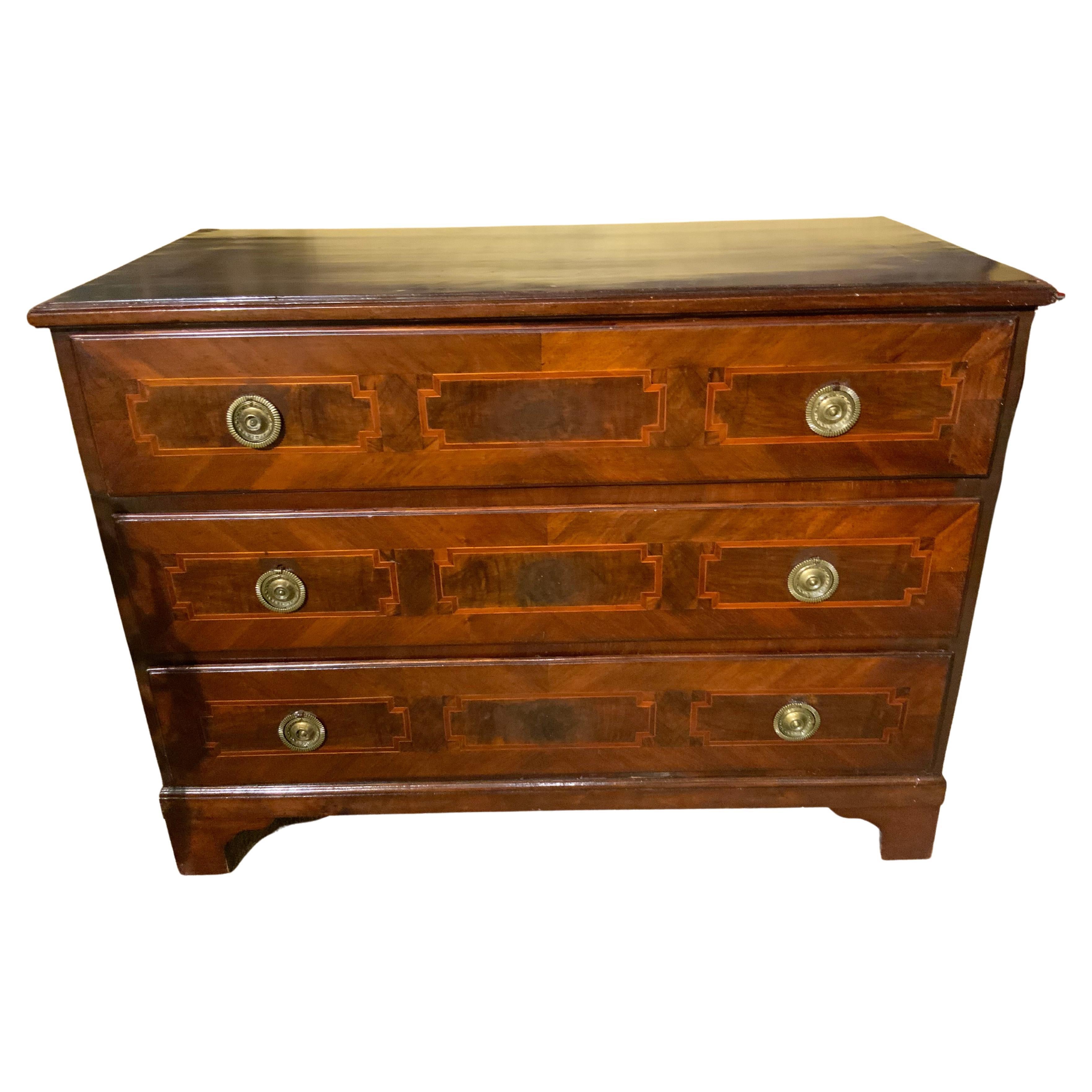 Antique English Mahogany Chest / Three Drawers with Banding of Exotic Woods For Sale