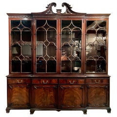 Antique English Mahogany Chippendale Breakfront Bookcase, Circa 1890.