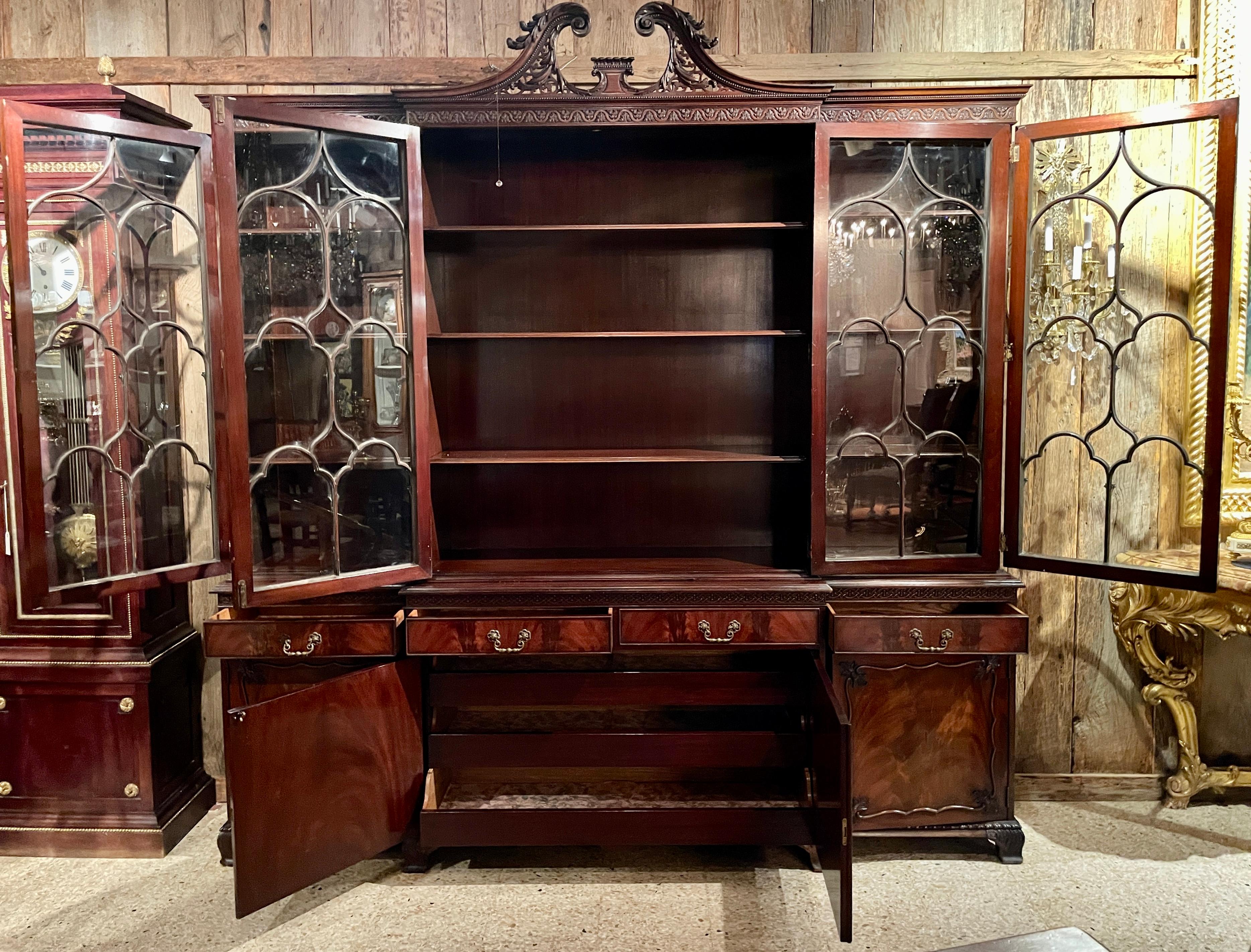 Glass Antique English Mahogany Chippendale Breakfront Bookcase, Circa 1890. For Sale