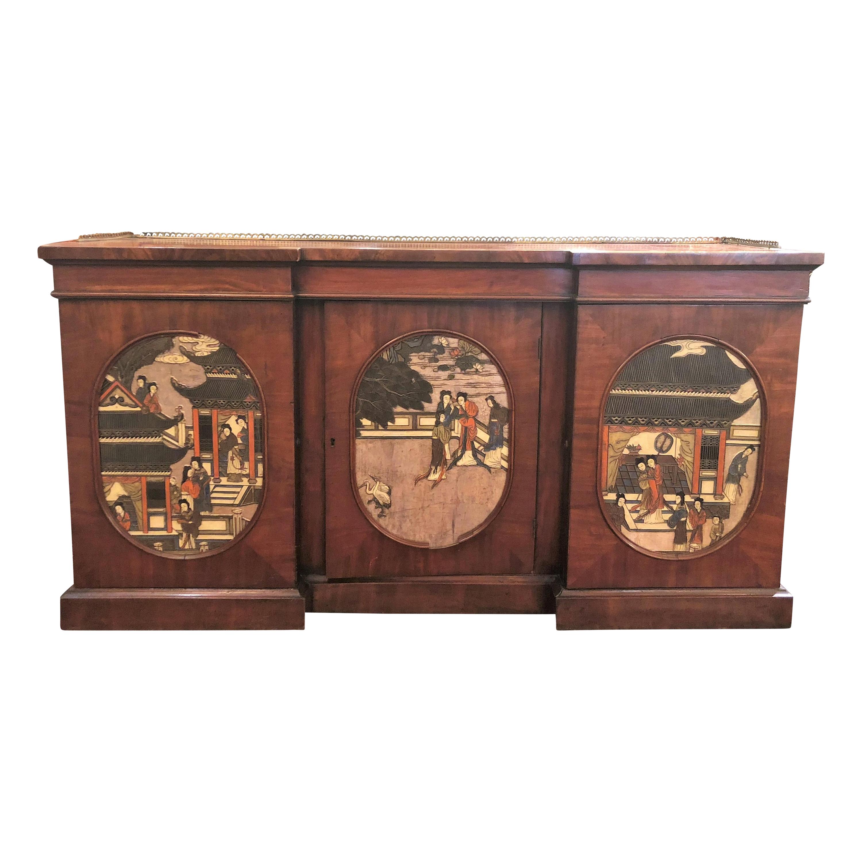 Antique English William IV Mahogany Credenza with Chinoiserie Panels For Sale
