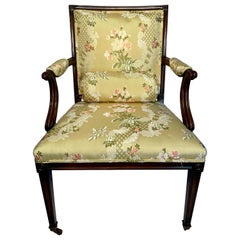 Chaise de bureau anglaise ancienne en acajou avec tissu Scalamandre, vers 1850-1860