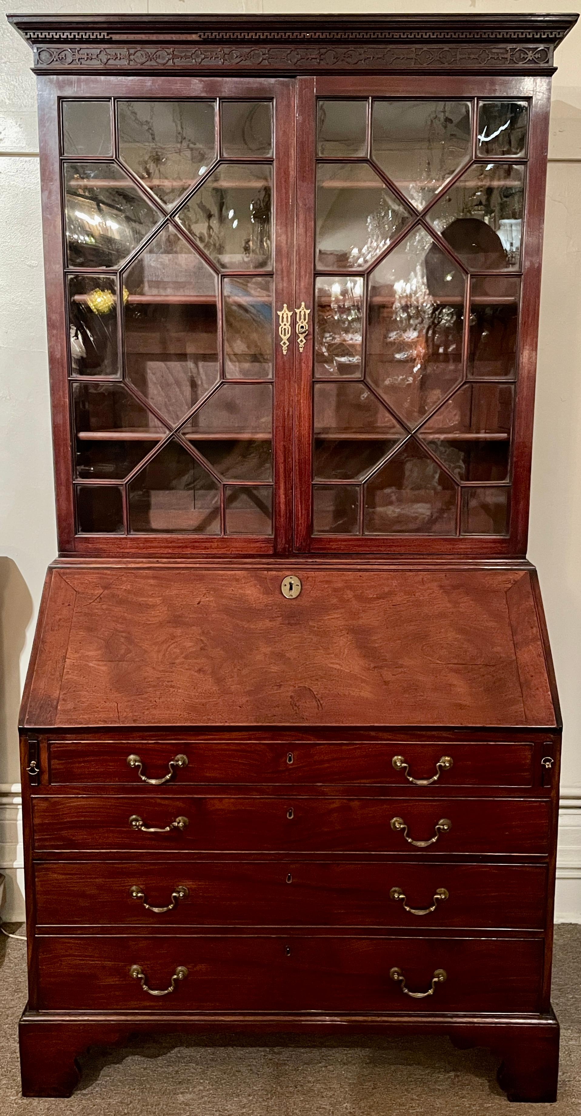 Antique English mahogany glass front Bureau bookcase with Fitted Interior, circa 1830.