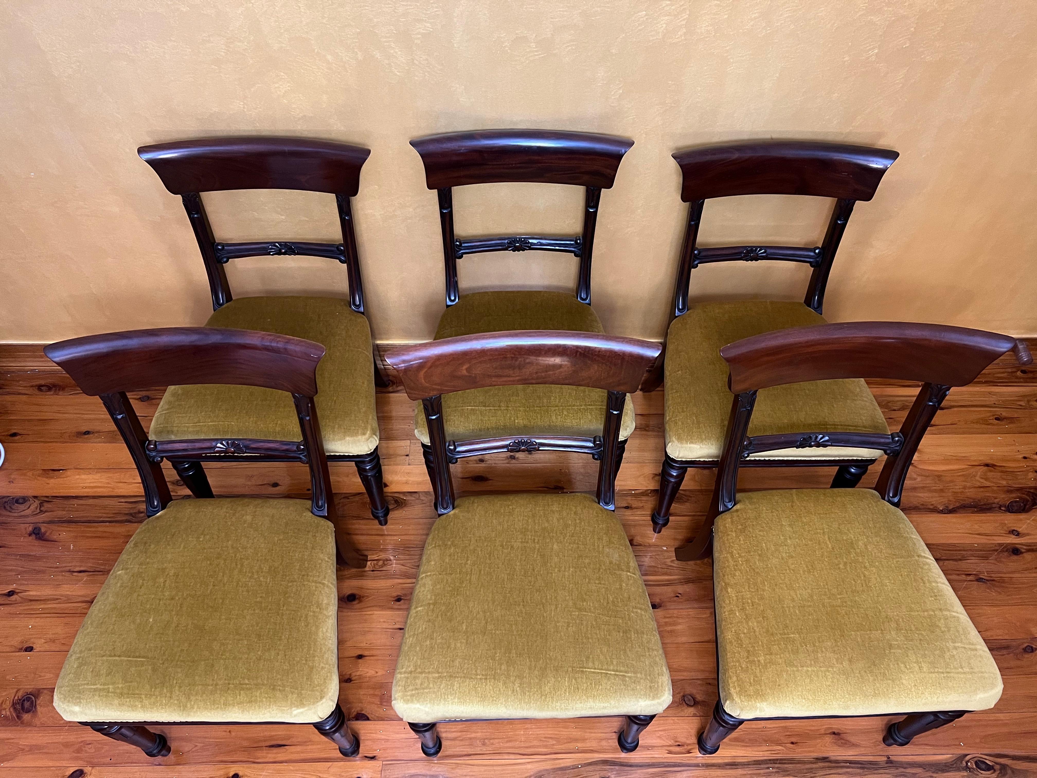 Carved mid back rail, slat back top rail, carved and turned legs, gold velvet soft seat. Set of six

Circa: 1920

Material: Mahogany & Velvet 

Country of Origin: English

Measurements: 88cm high, 51cm length, 45cm width, 46cm to seat