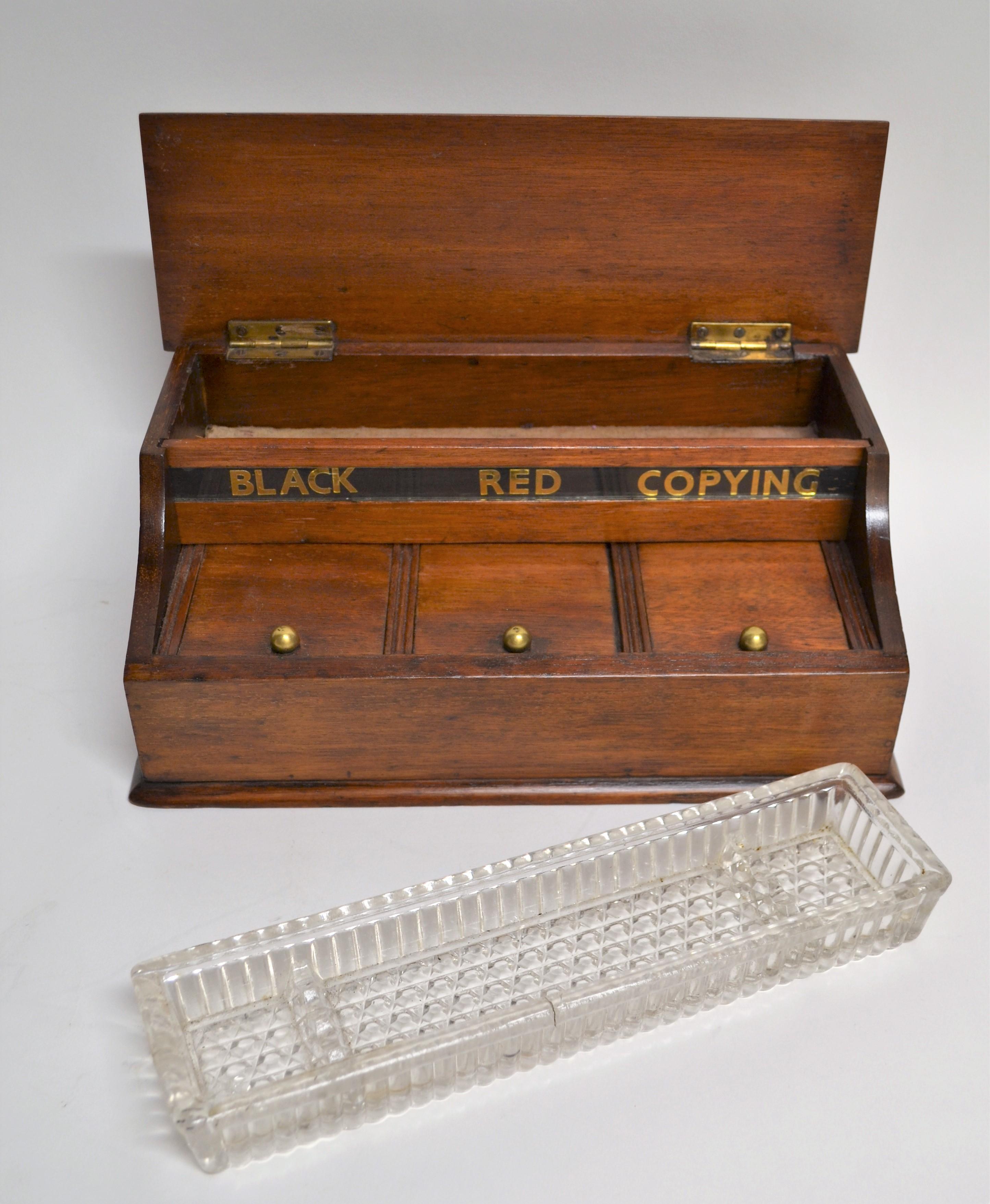 19th Century Antique English Mahogany Inkwell Set with Black, Red and Copying Features For Sale