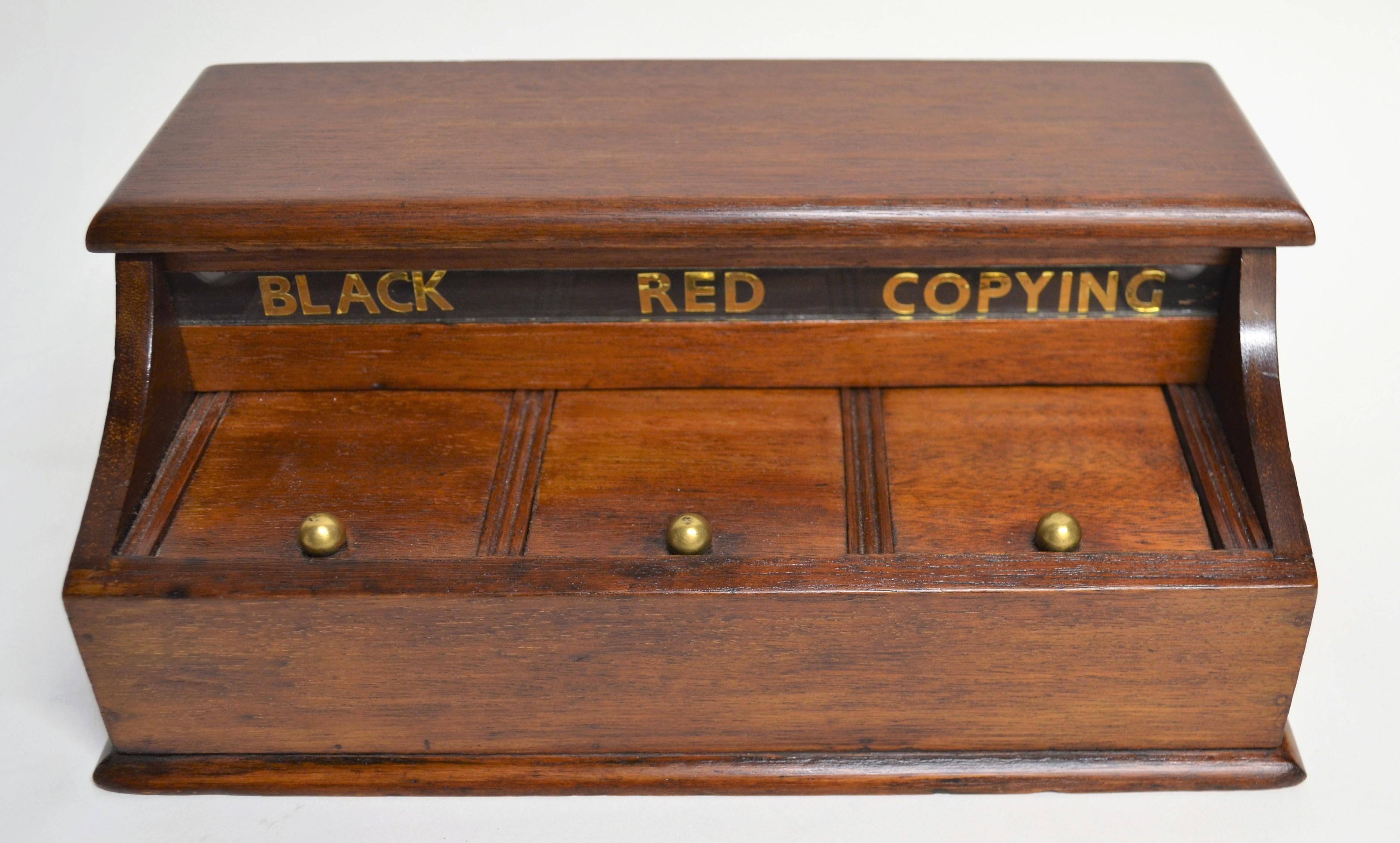 Antique English Mahogany Inkwell Set with Black, Red and Copying Features For Sale 1
