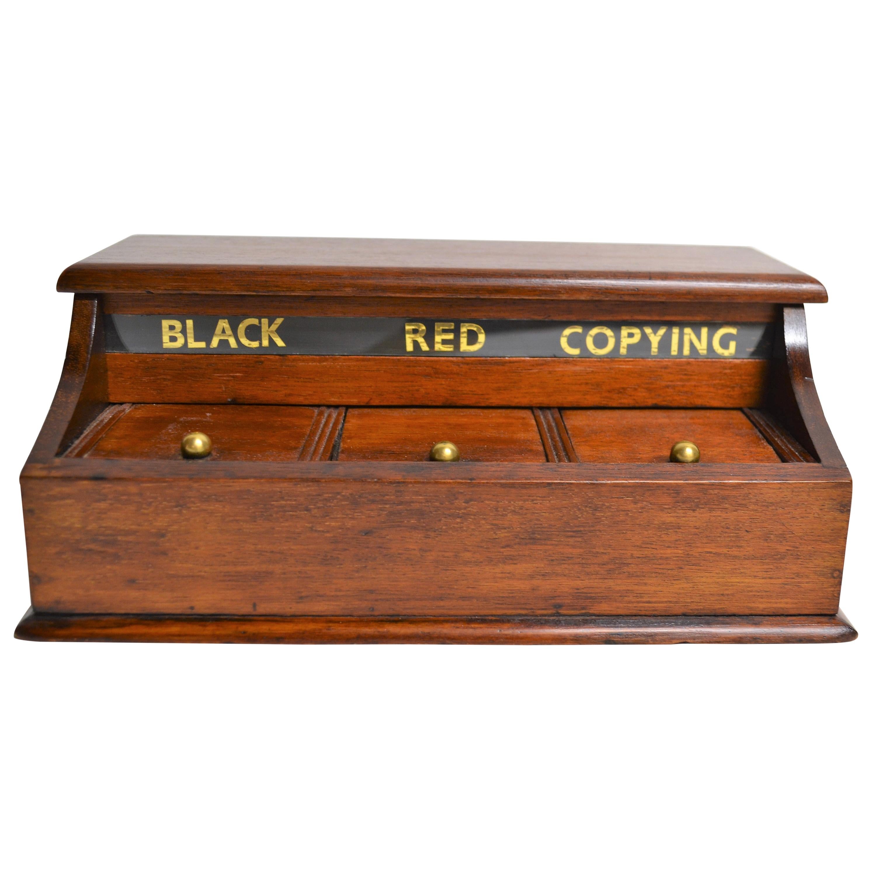 Antique English Mahogany Inkwell Set with Black, Red and Copying Features For Sale