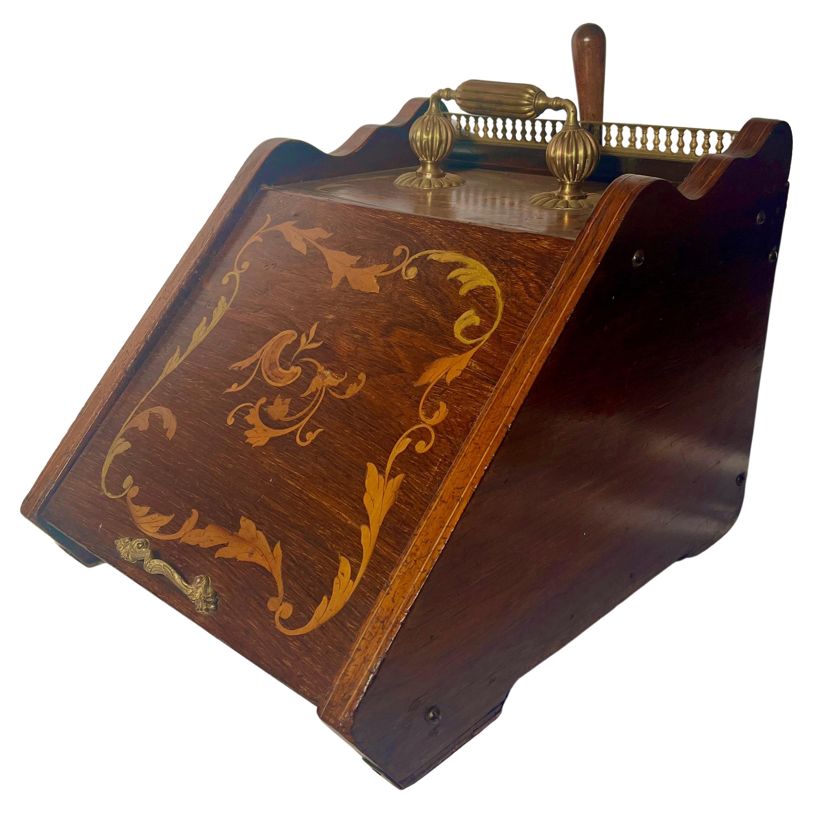 Antique English Mahogany Inlaid Coal Box, Circa 1890. For Sale