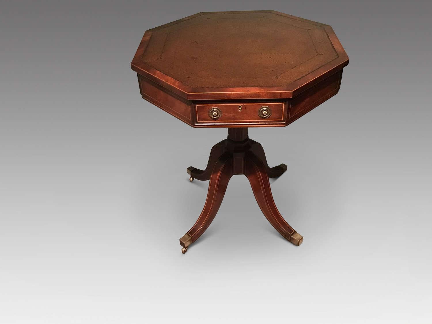 Antique English mahogany leather top hexagonal table.