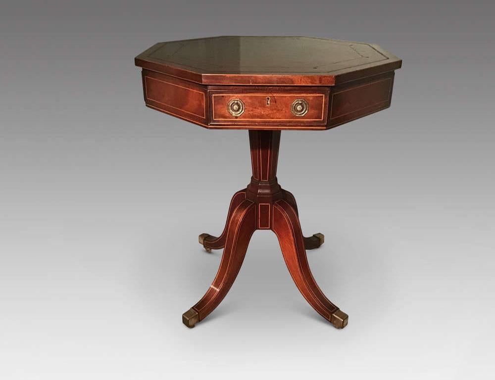 Antique English Mahogany Leather Top Hexagonal Table In Good Condition For Sale In New Orleans, LA