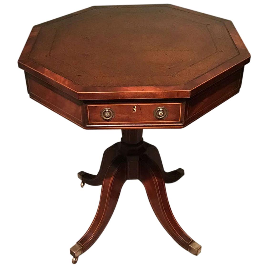 Antique English Mahogany Leather Top Hexagonal Table For Sale