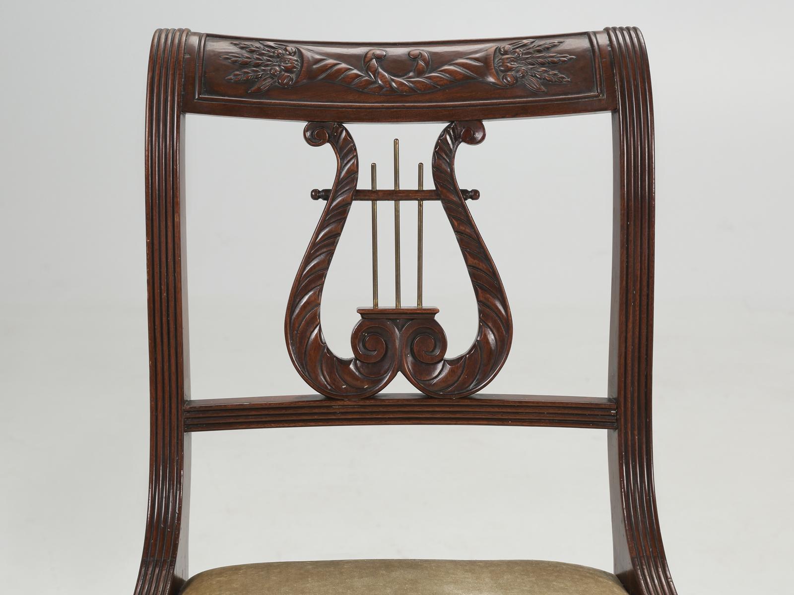 Antique English mahogany lyre back chair drew its design element from the Greek Classical period. The lyre back chairs began appearing over 300-yeards ago and are still used to this day. This would make for an ideal desk chair.
**Fabric has a small
