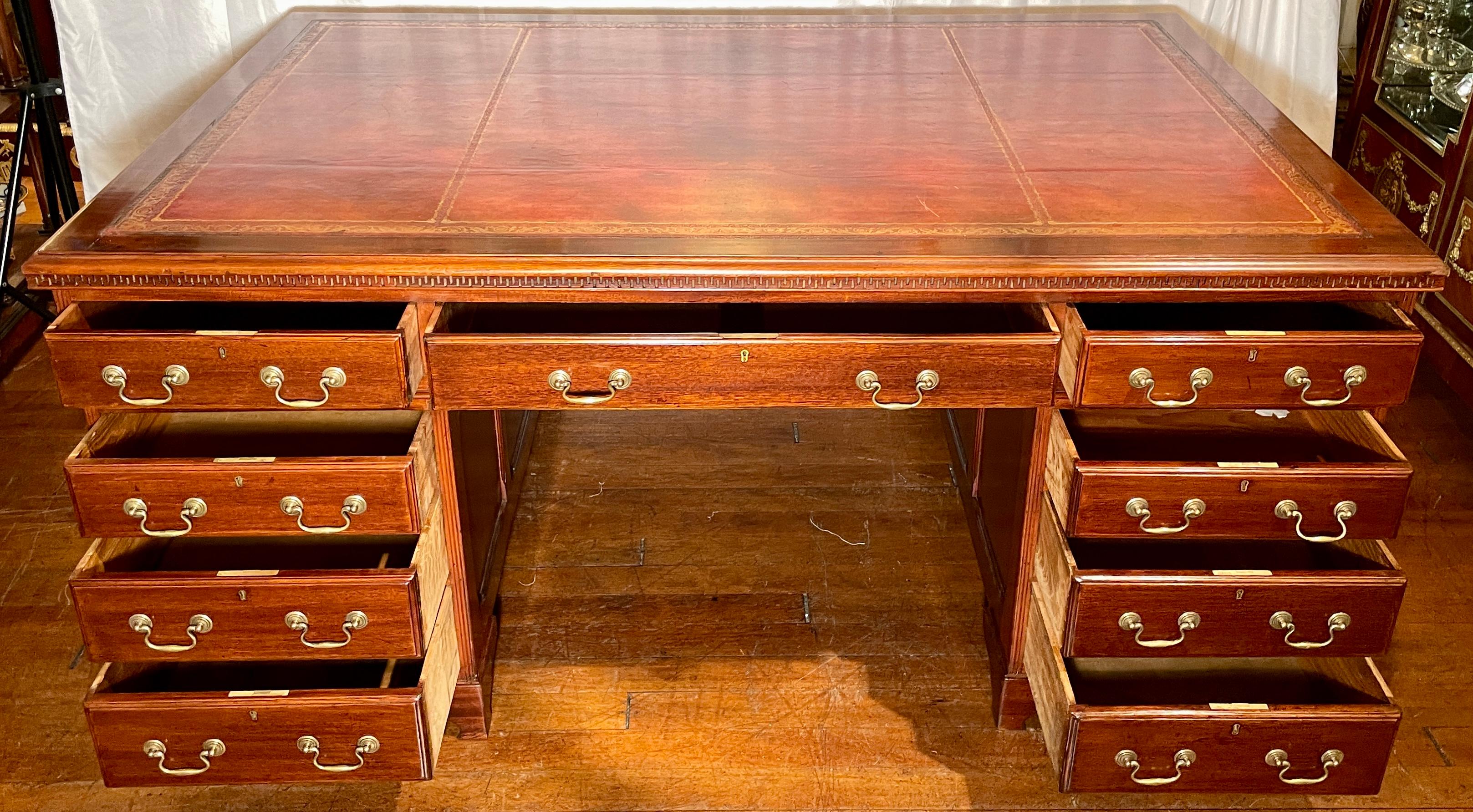 Antique English Mahogany Partner's Desk with Leather Top, Circa 1880. In Good Condition For Sale In New Orleans, LA